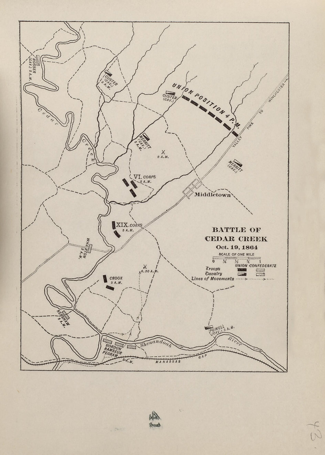 This old map of Battle of Cedar Creek, Oct. 19, 1864 from American Civil War Atlas from 1914 was created by G. J. (Gustav Joseph) Fiebeger in 1914