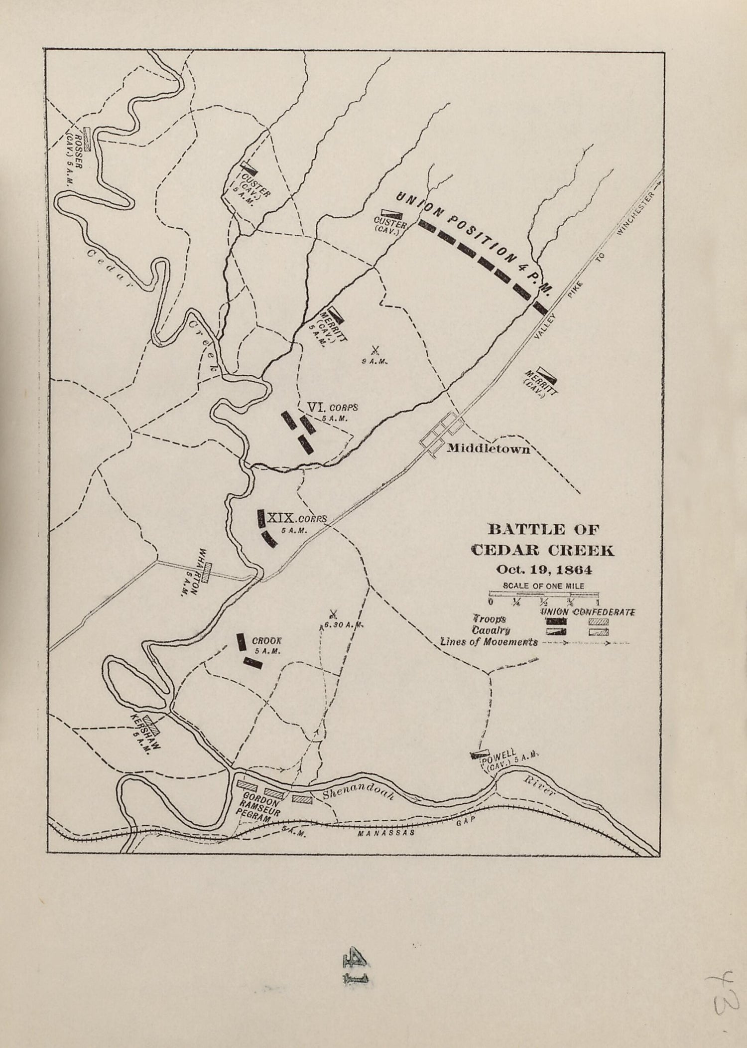 This old map of Battle of Cedar Creek, Oct. 19, 1864 from American Civil War Atlas from 1914 was created by G. J. (Gustav Joseph) Fiebeger in 1914