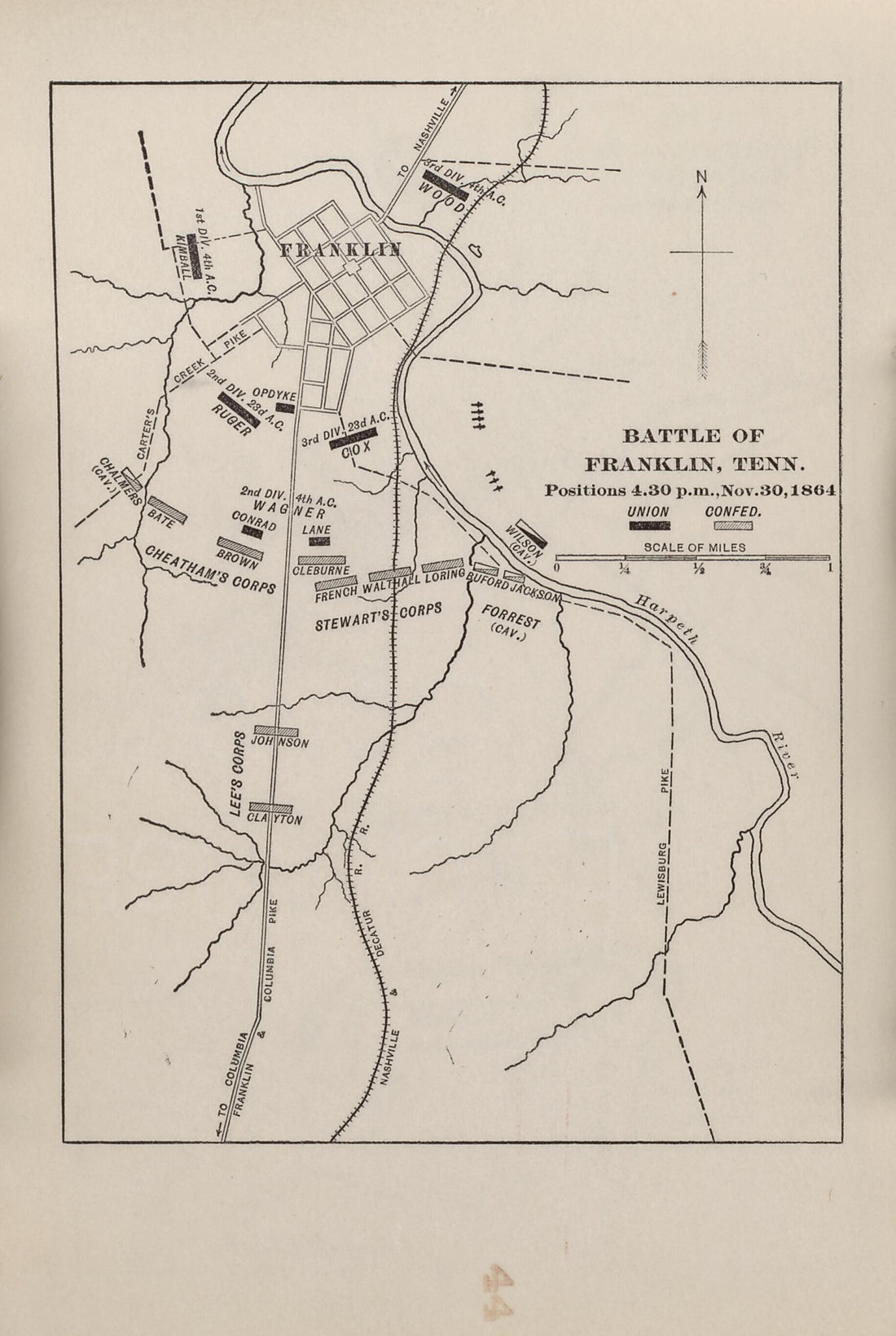 This old map of Battle of Franklin, Tenn., Nov. 30, 1864 from American Civil War Atlas from 1914 was created by G. J. (Gustav Joseph) Fiebeger in 1914