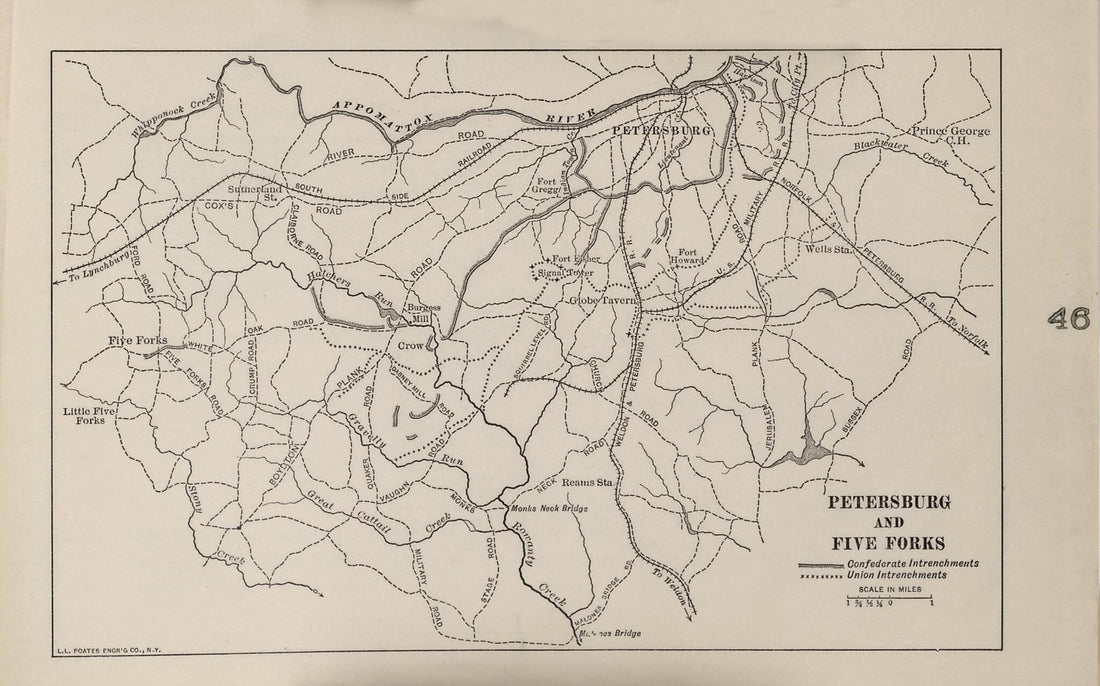 This old map of Petersburg and Five Forks from American Civil War Atlas from 1914 was created by G. J. (Gustav Joseph) Fiebeger in 1914