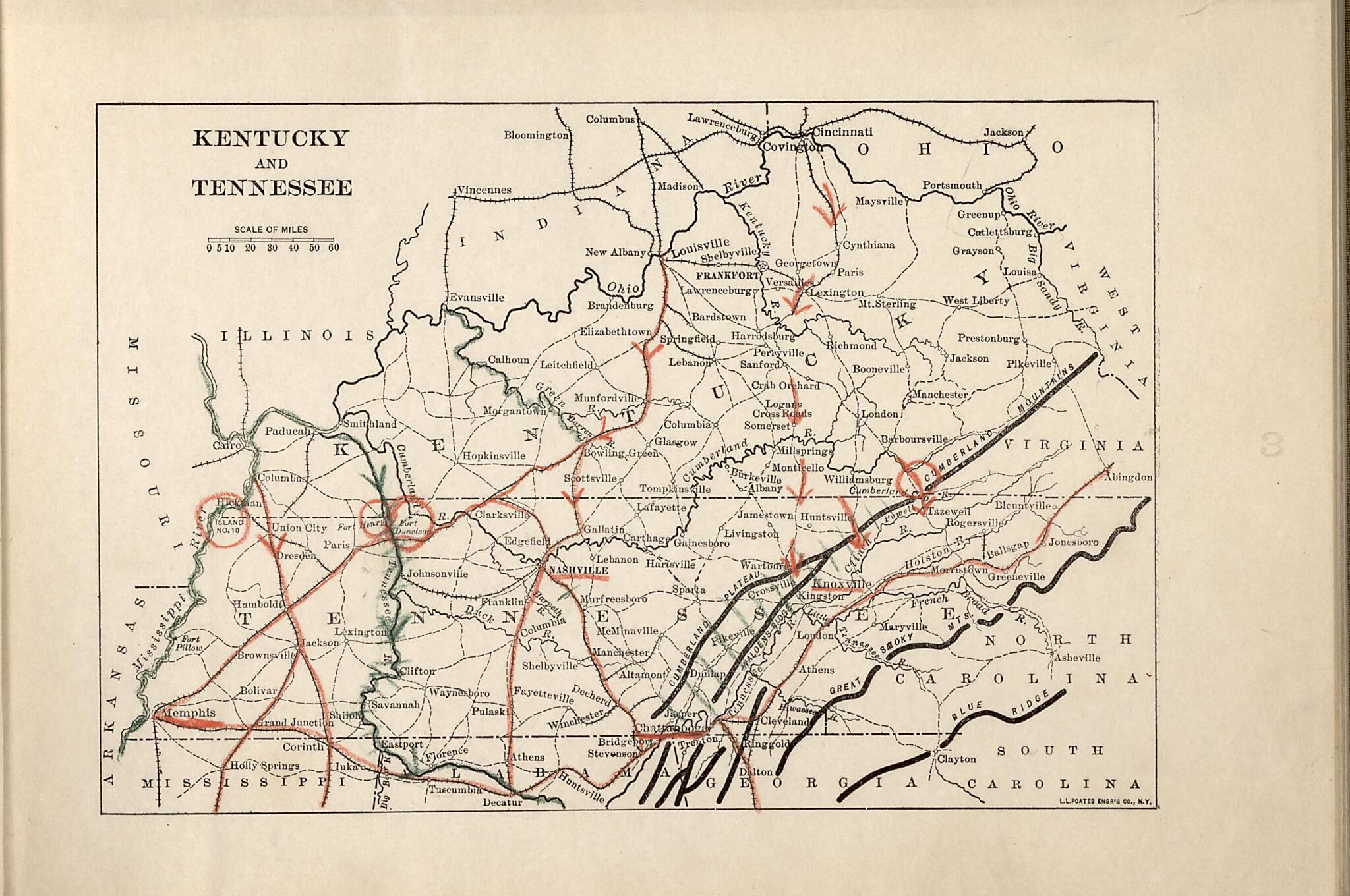 This old map of Kentucky and Tennessee from American Civil War Atlas from 1914 was created by G. J. (Gustav Joseph) Fiebeger in 1914