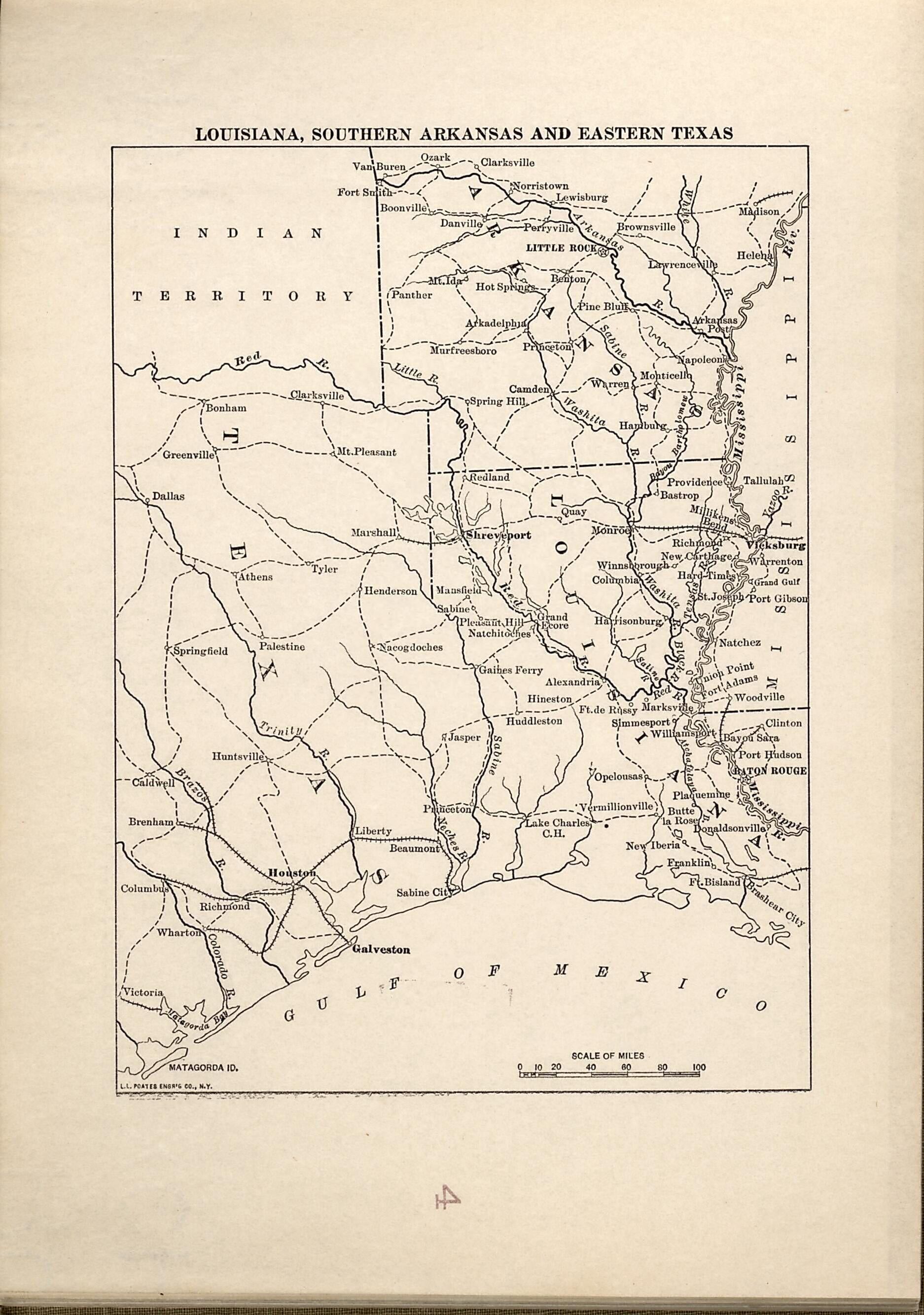 This old map of Louisiana, Southern Arkansas and Eastern Texas from American Civil War Atlas from 1914 was created by G. J. (Gustav Joseph) Fiebeger in 1914