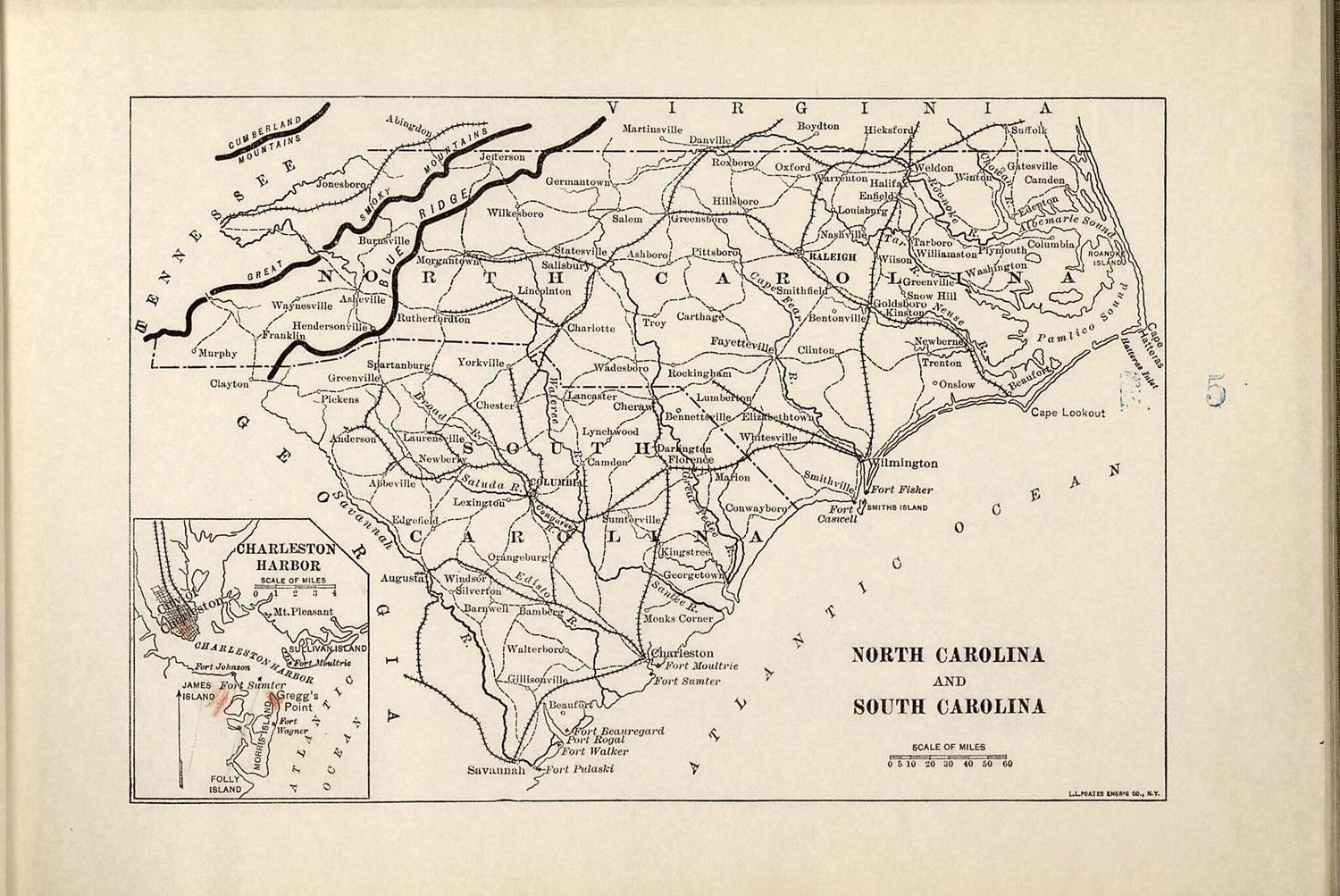 This old map of North Carolina and South Carolina from American Civil War Atlas from 1914 was created by G. J. (Gustav Joseph) Fiebeger in 1914