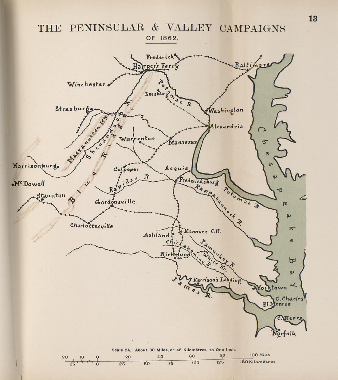 This old map of Peninsular and Valley Campaigns of 1862 from the American Civil War--maps. from 1910 was created by John Formby in 1910