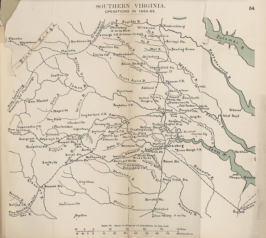 This old map of Southern Virginia Operations In 1864-1865 from the American Civil War--maps. from 1910 was created by John Formby in 1910