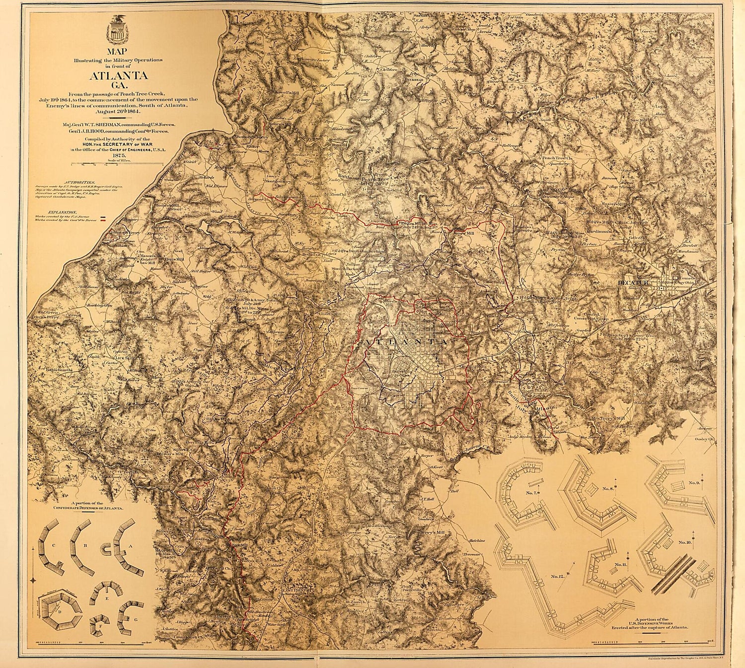 This old map of Military Operations In Atlanta, Ga., Includes Peach Tree Creek, 1864 from Military Maps. from 1879 was created by  United States. Army. Corps of Engineers in 1879