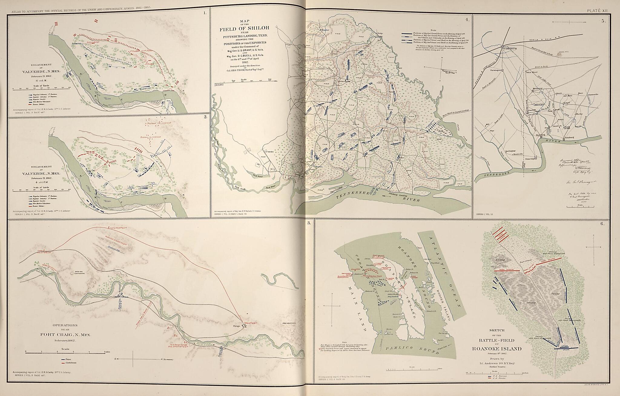 This old map of Shiloh, Tennessee, Valverde and Fort Craig, N.M., Roanoke Island, Virginia from Rebellion Atlas from 1892 was created by  United States. War Department in 1892