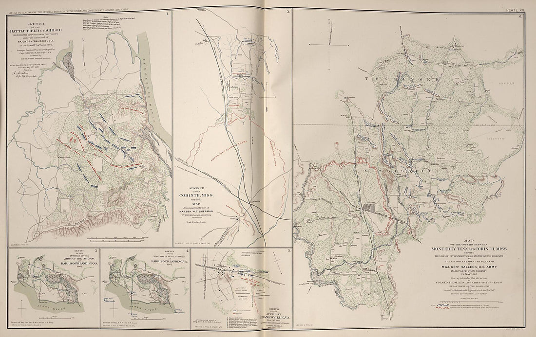 This old map of Monterey, Tennessee, Corinth, Mississippi, Shiloh, Tennessee, Harrison&