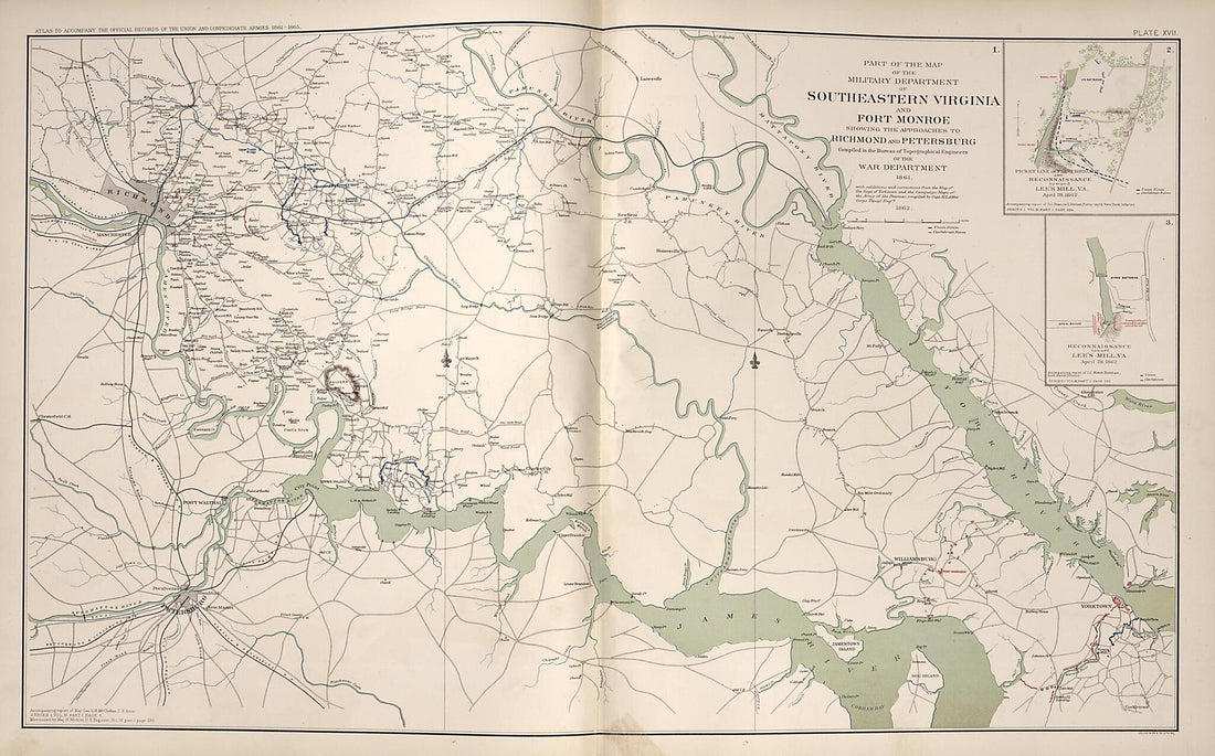 This old map of Southeastern Virginia and Fort Monroe, Virginia,approaches to Richmond and Petersburg from Rebellion Atlas from 1892 was created by  United States. War Department in 1892