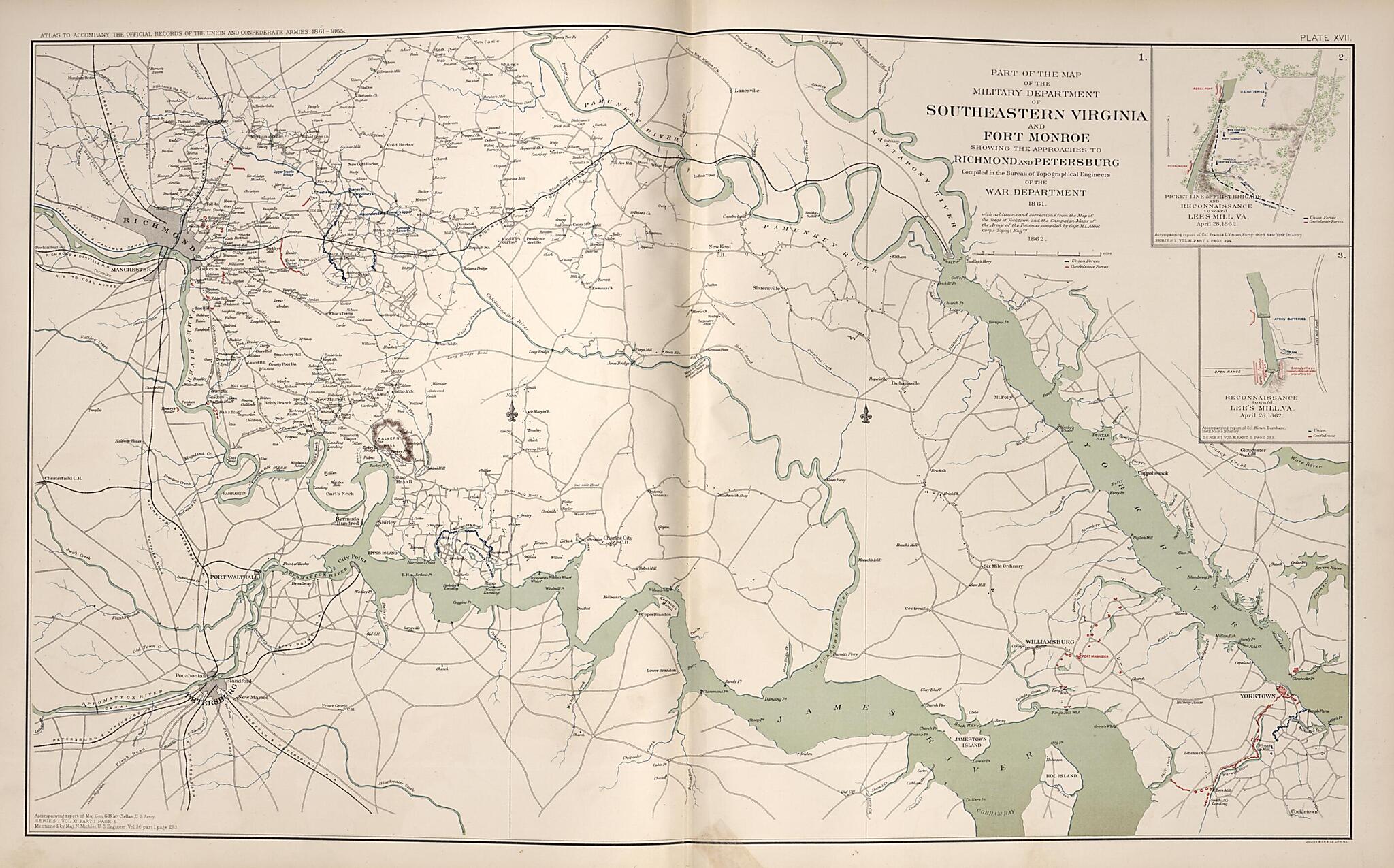 This old map of Southeastern Virginia and Fort Monroe, Virginia,approaches to Richmond and Petersburg from Rebellion Atlas from 1892 was created by  United States. War Department in 1892