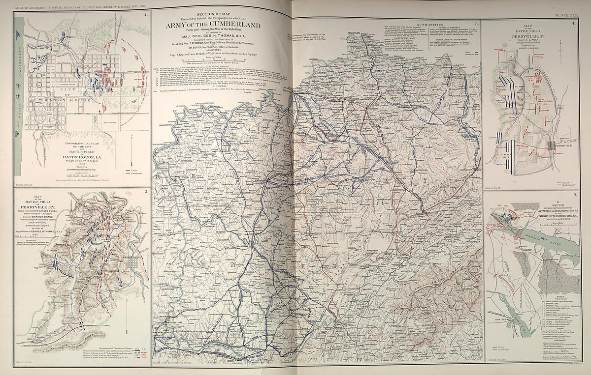 Cumberland, Maryland, Perryville, Kentucky, Baton Rouge,Louisiana, Washington, D.C. from Rebellion Atlas 1892 by Relic Map Company