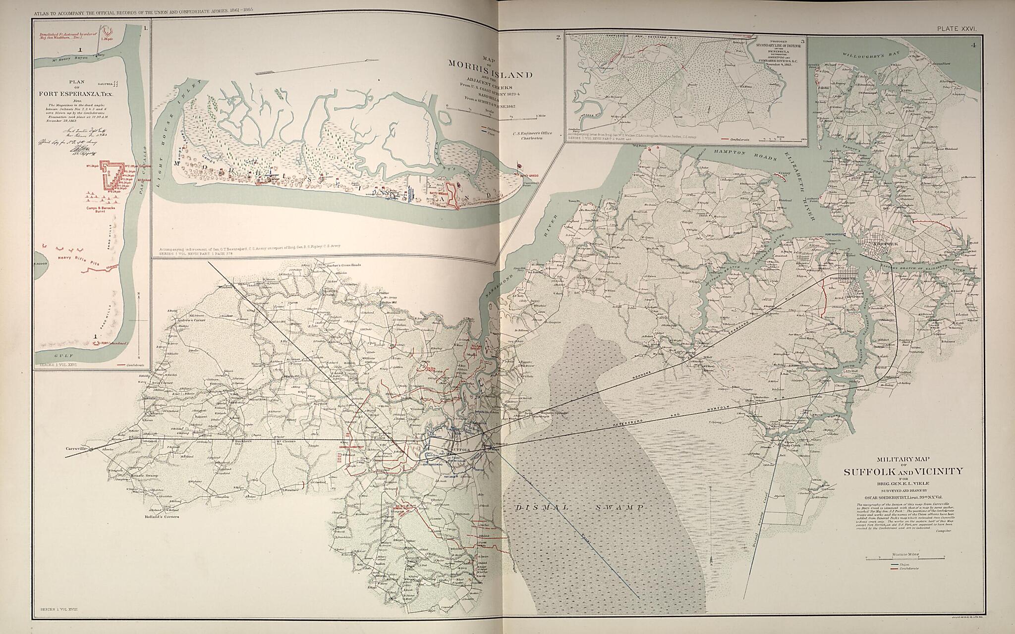 This old map of Fort Esperanza, Texas, Morris Island, South Carolina, Suffolk, Virginia from Rebellion Atlas from 1892 was created by  United States. War Department in 1892