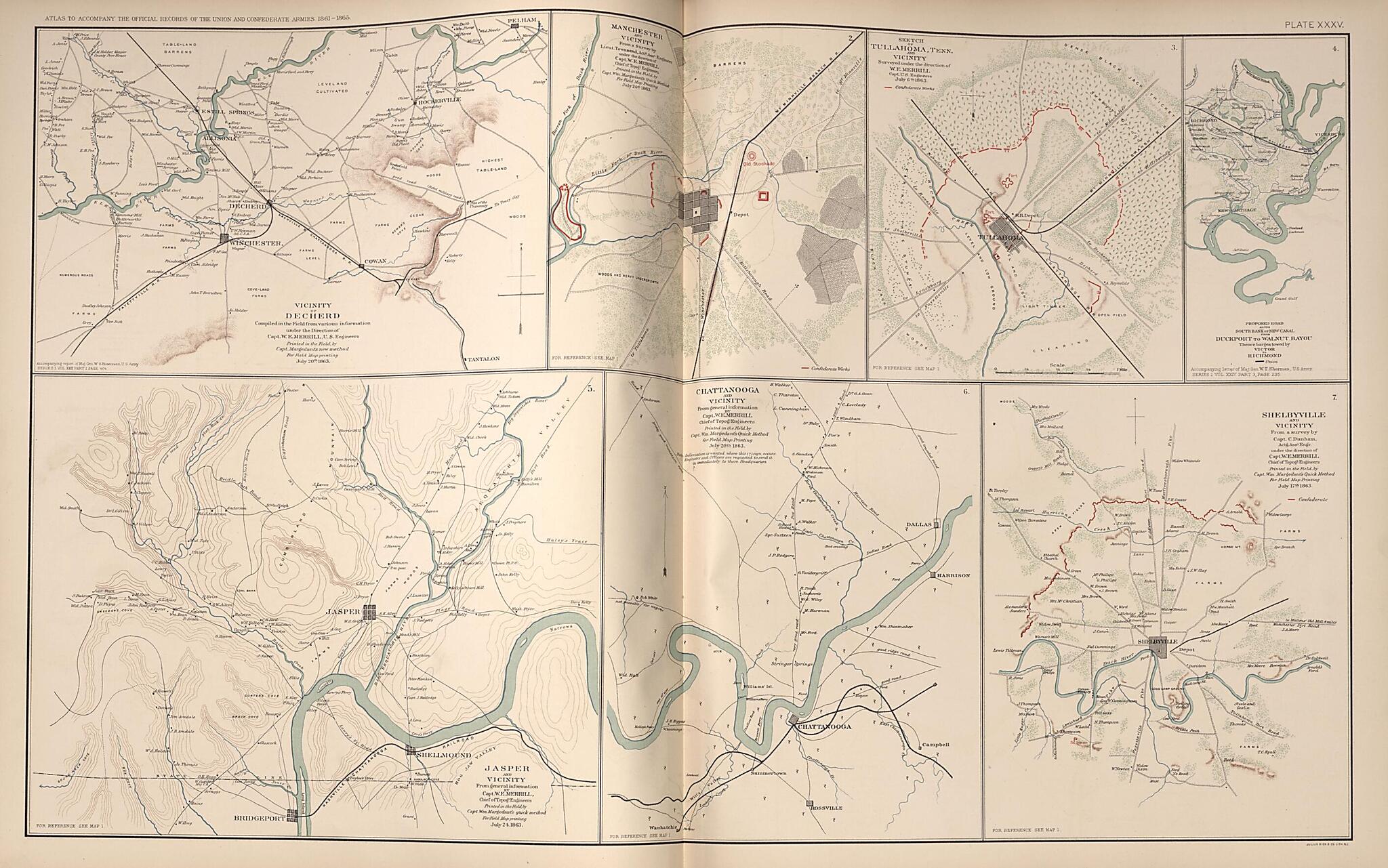 This old map of Decherd, Manchester, Tullahoma, Shelbyville, Chattanooga, Jasper, Tennessee from Rebellion Atlas from 1892 was created by  United States. War Department in 1892