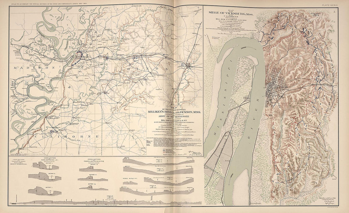 Vicksburg, Mississippi, Millikens Bend,Louisiana, Jackson, Mississippi from Rebellion Atlas 1892 by Relic Map Company