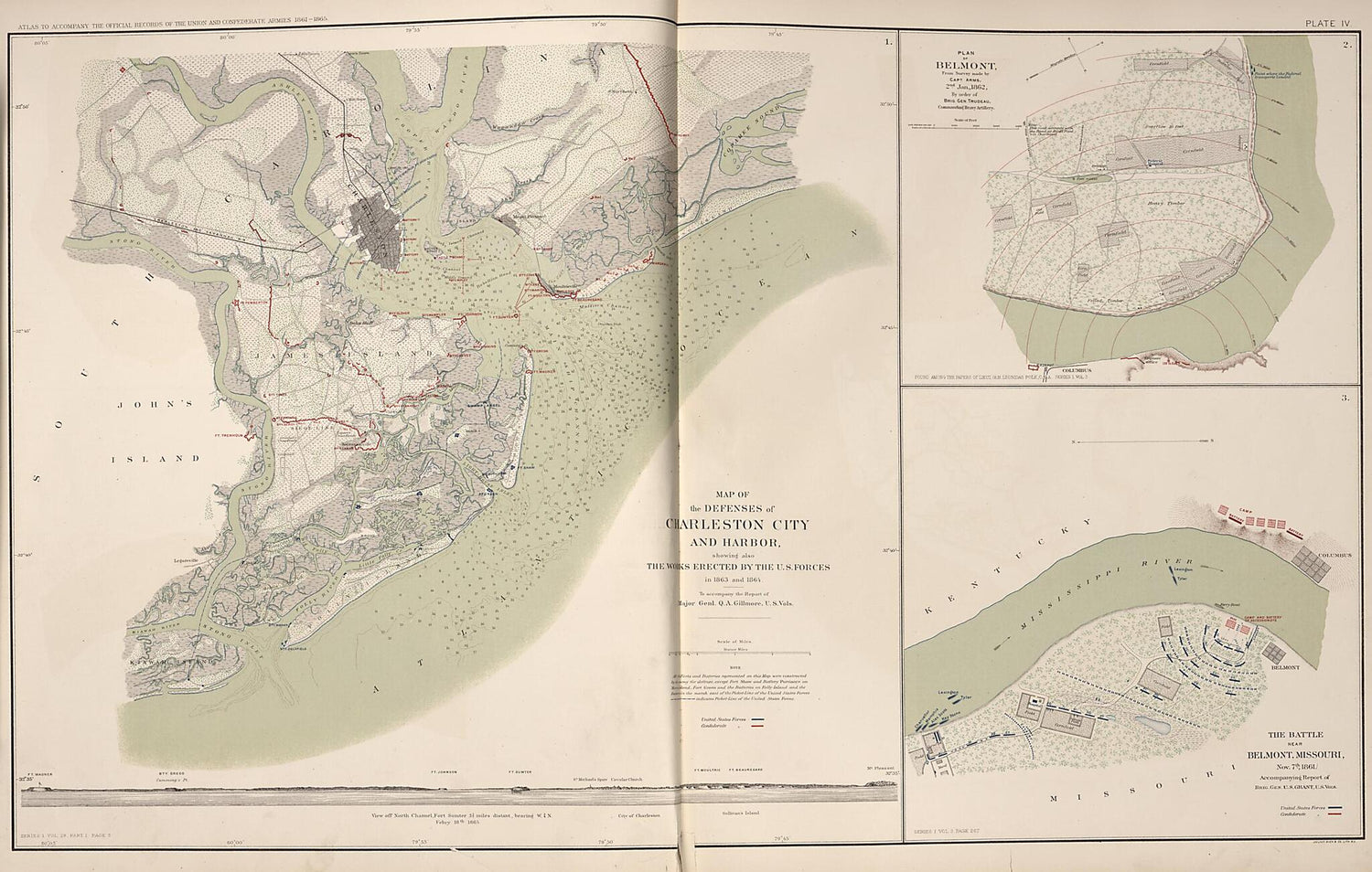 This old map of Charleston City and Harbor, Plan and Battle of Belmont, Missouri from Rebellion Atlas from 1892 was created by  United States. War Department in 1892