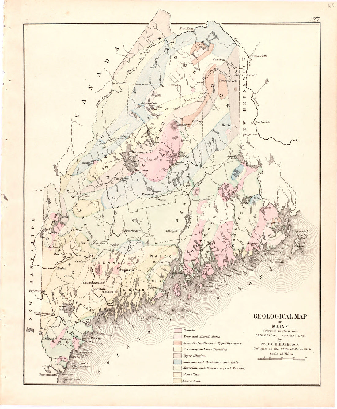 This hand drawn illustration (map) of Geological Map of Maine from Colby&