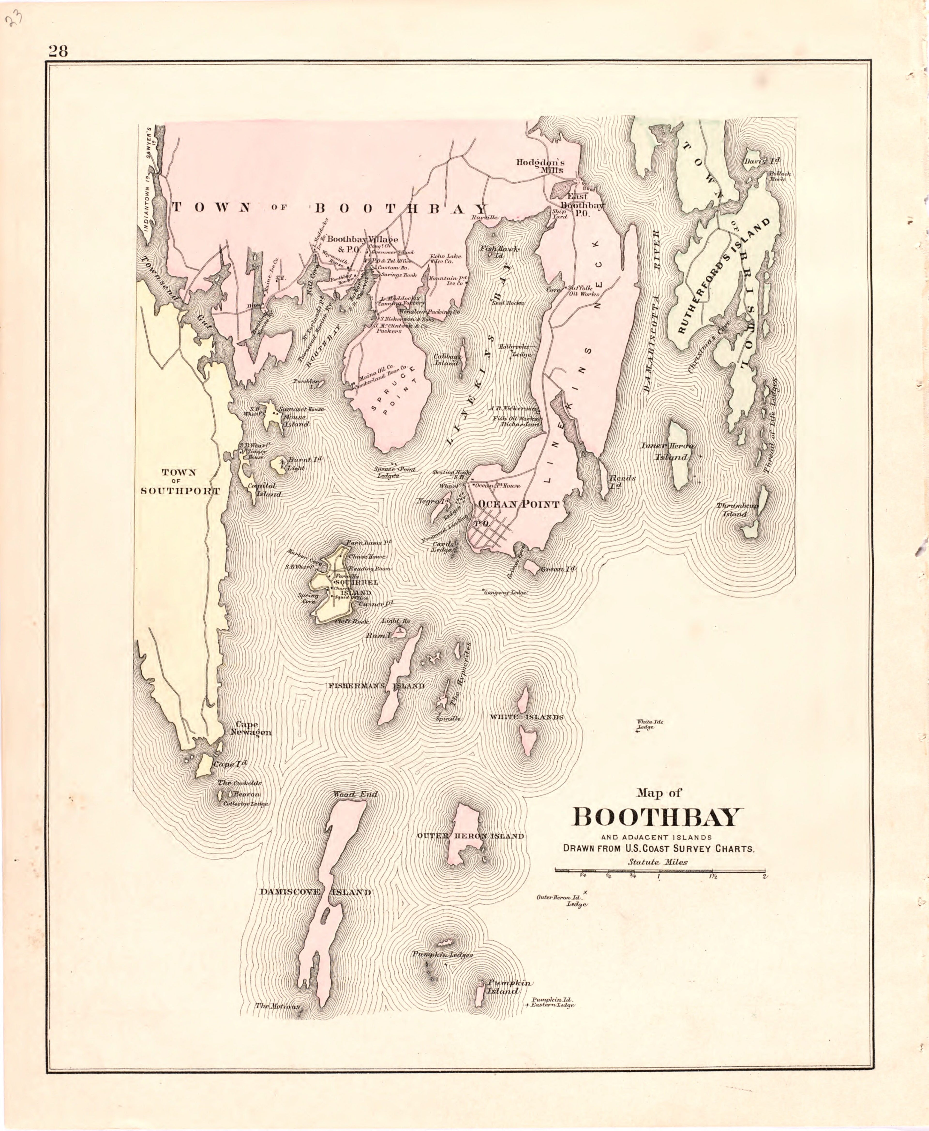 This hand drawn illustration (map) of Map of BoothBay and Adjacent Islands from Colby&