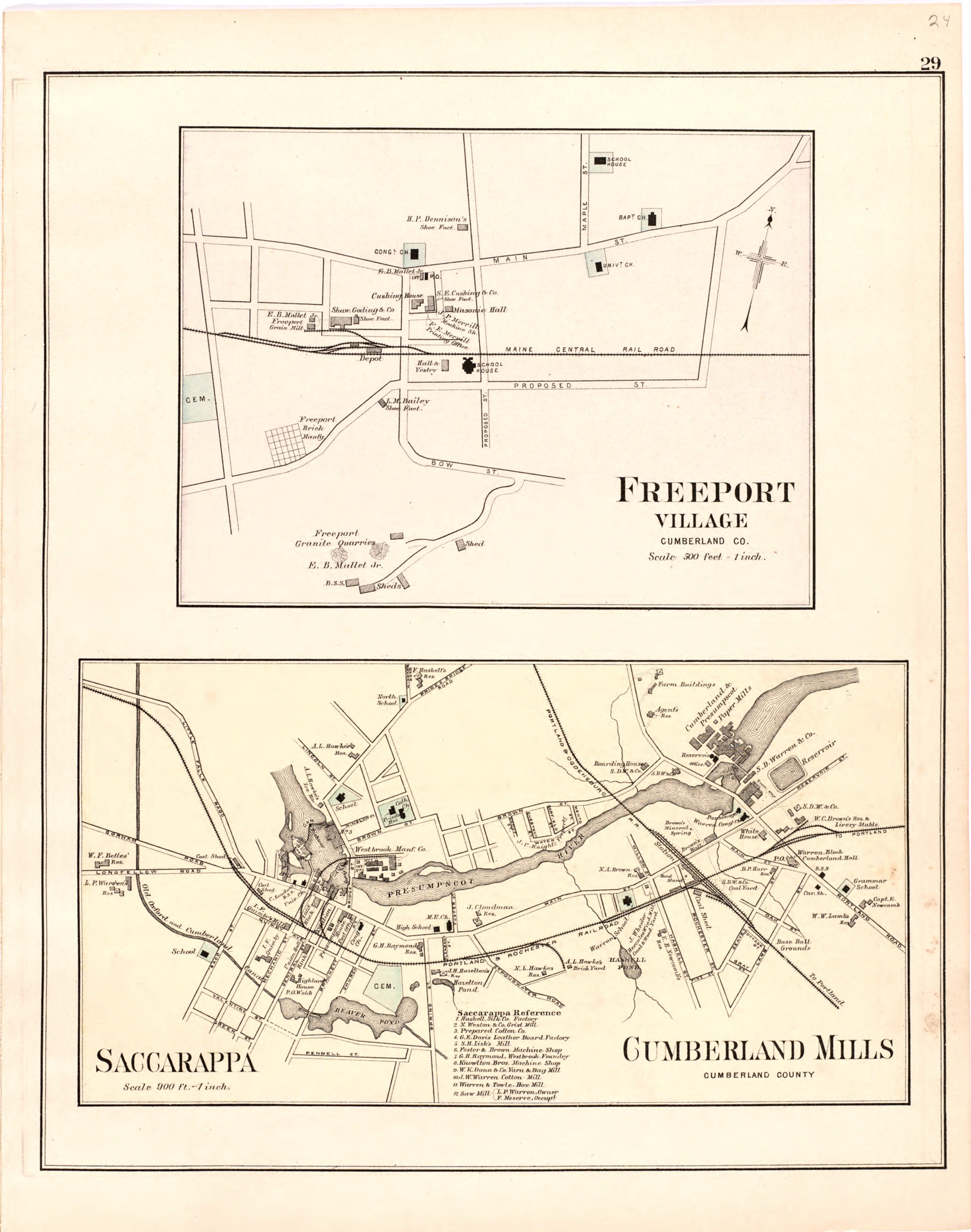 This hand drawn illustration (map) of Freeport Village; Saccarappa; Cumberland Mills from Colby&