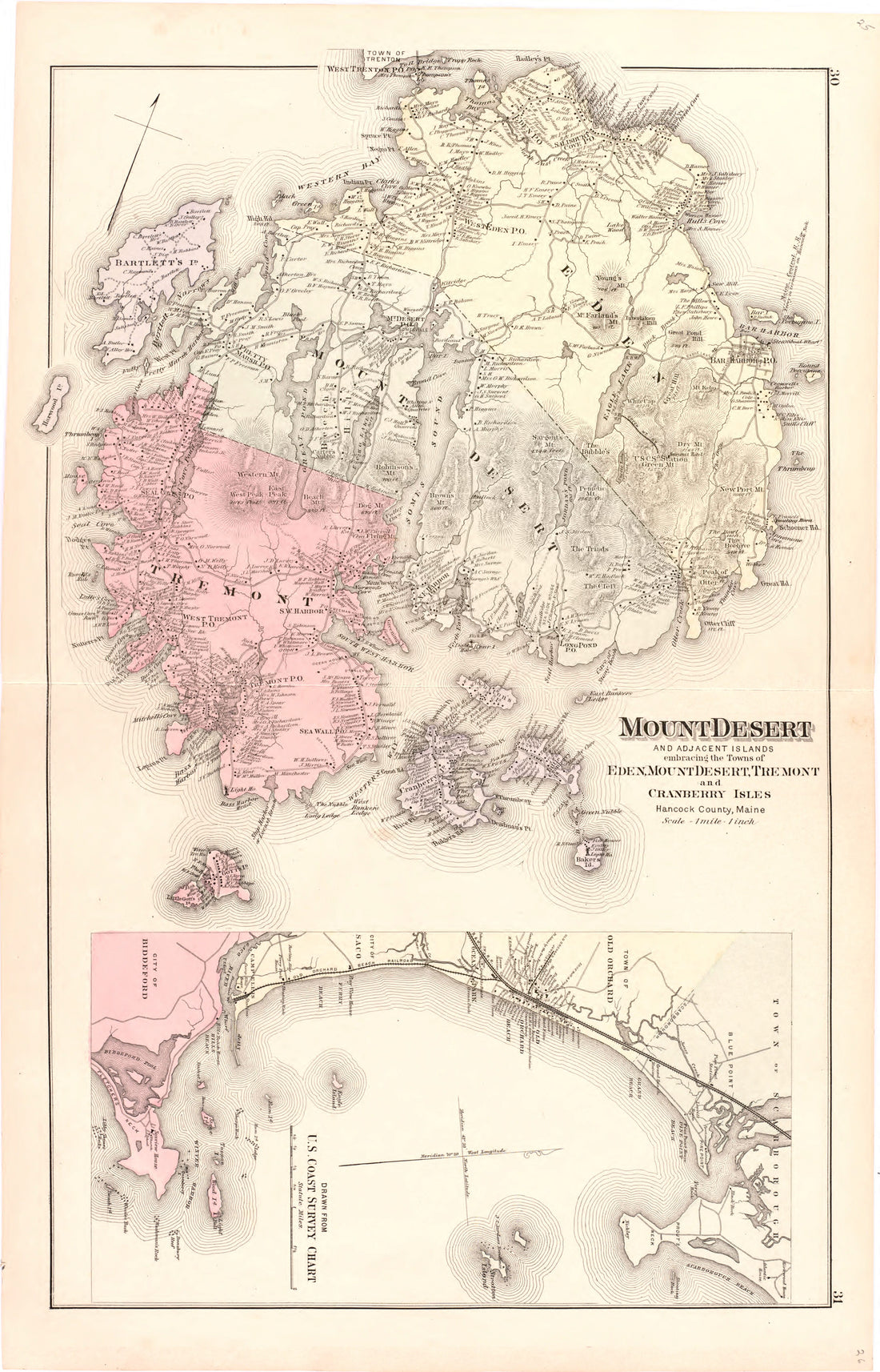 This hand drawn illustration (map) of Mount Desert and Adjacent Islands from Colby&