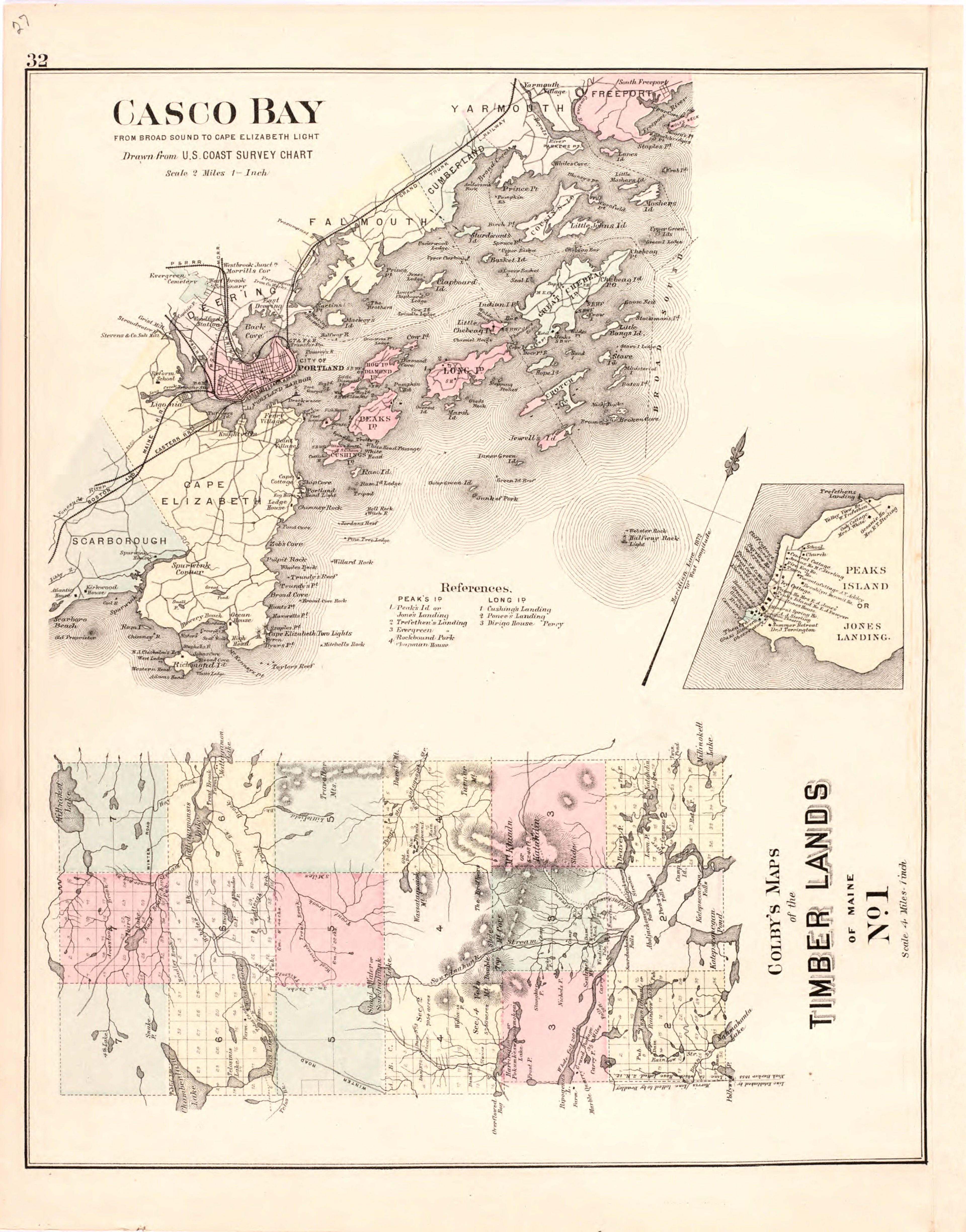 This hand drawn illustration (map) of Casco Bay; Colby&