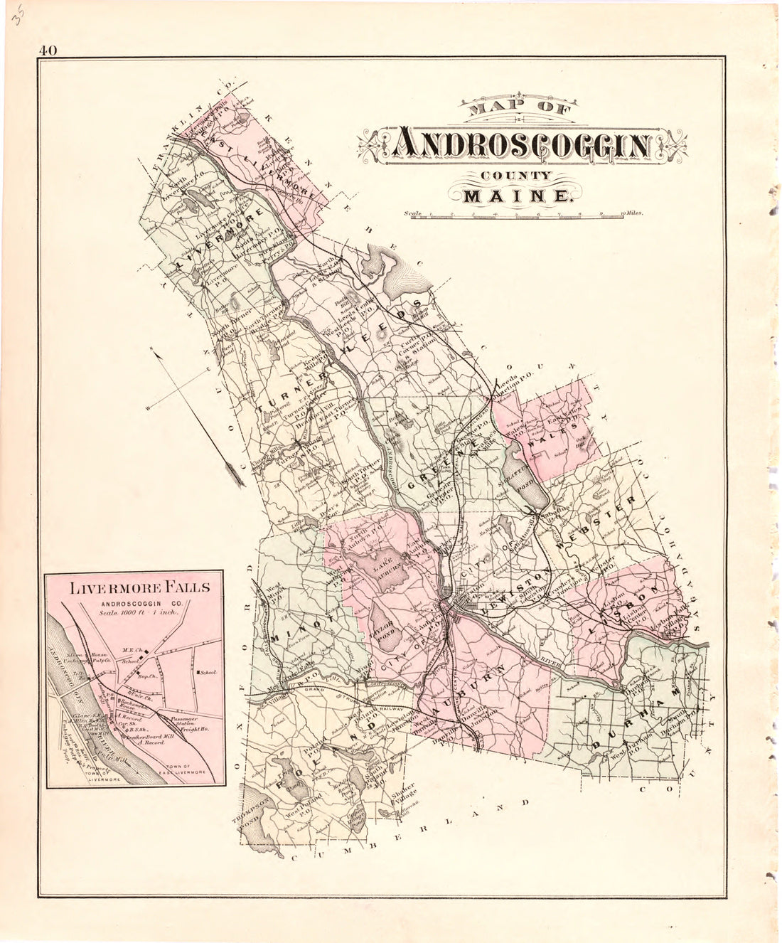 This hand drawn illustration (map) of Map of Androscoggin County Maine from Colby&
