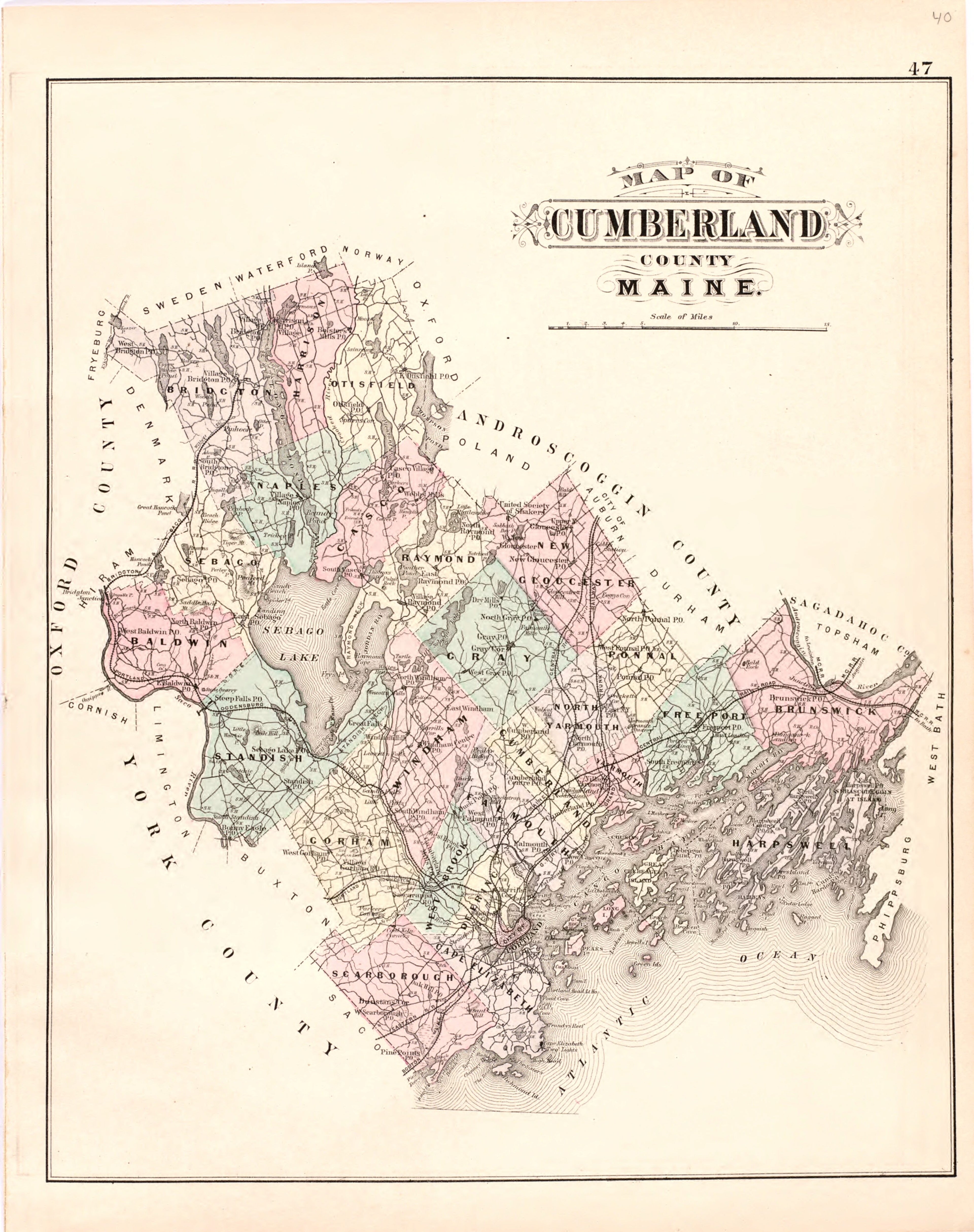 This hand drawn illustration (map) of Map of Cumberland County Maine from Colby&