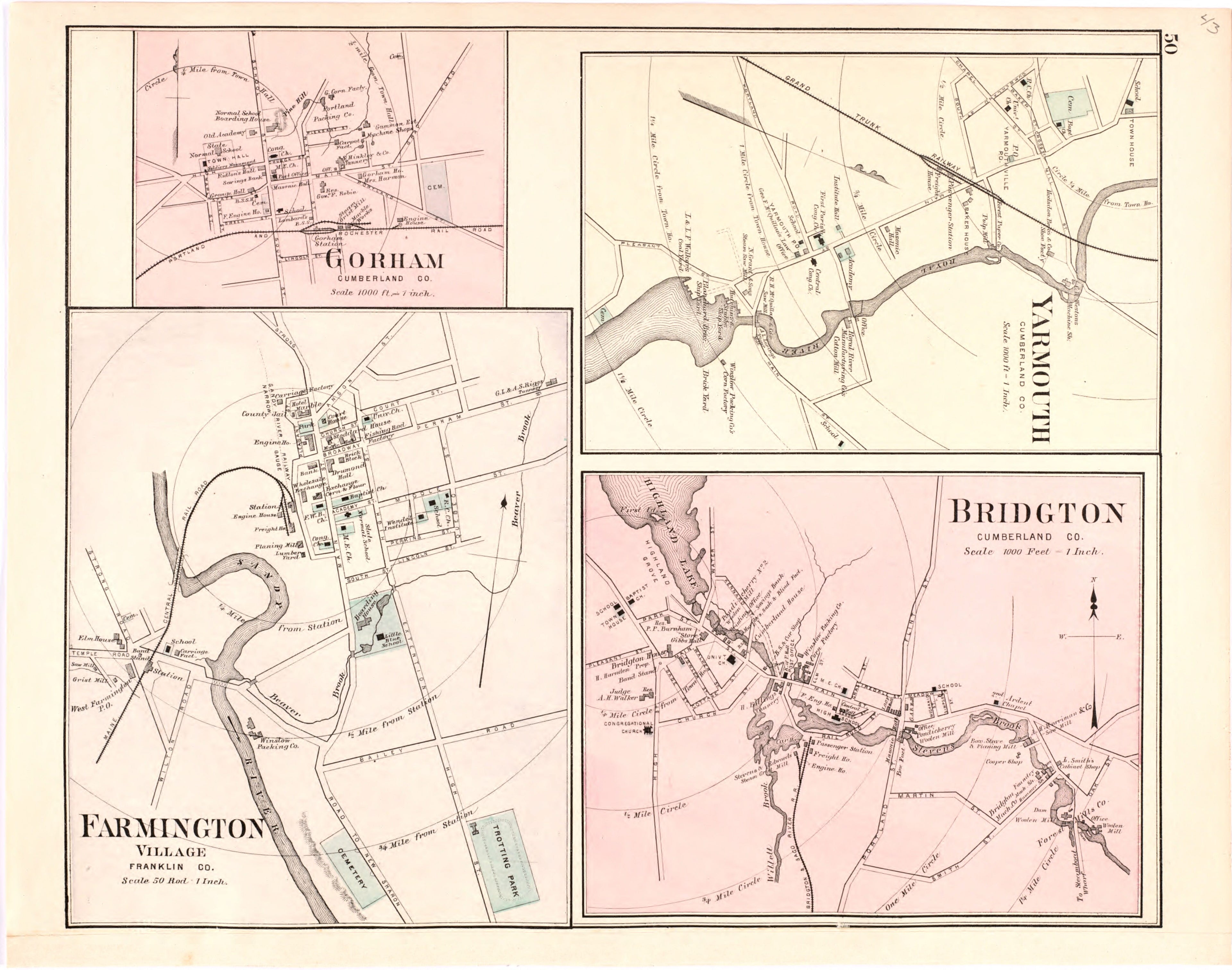 This hand drawn illustration (map) of Gorham; Yarmouth; Farmington Village; Bridgton from Colby&