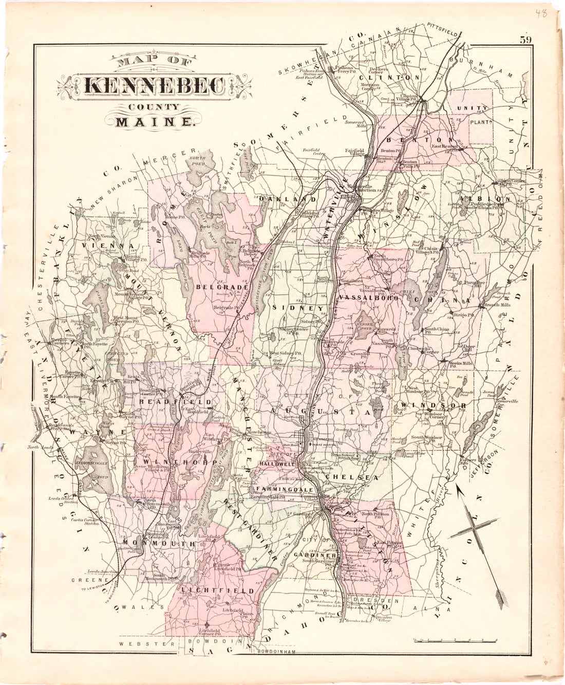 This hand drawn illustration (map) of Map of Kennebec County Maine from Colby&