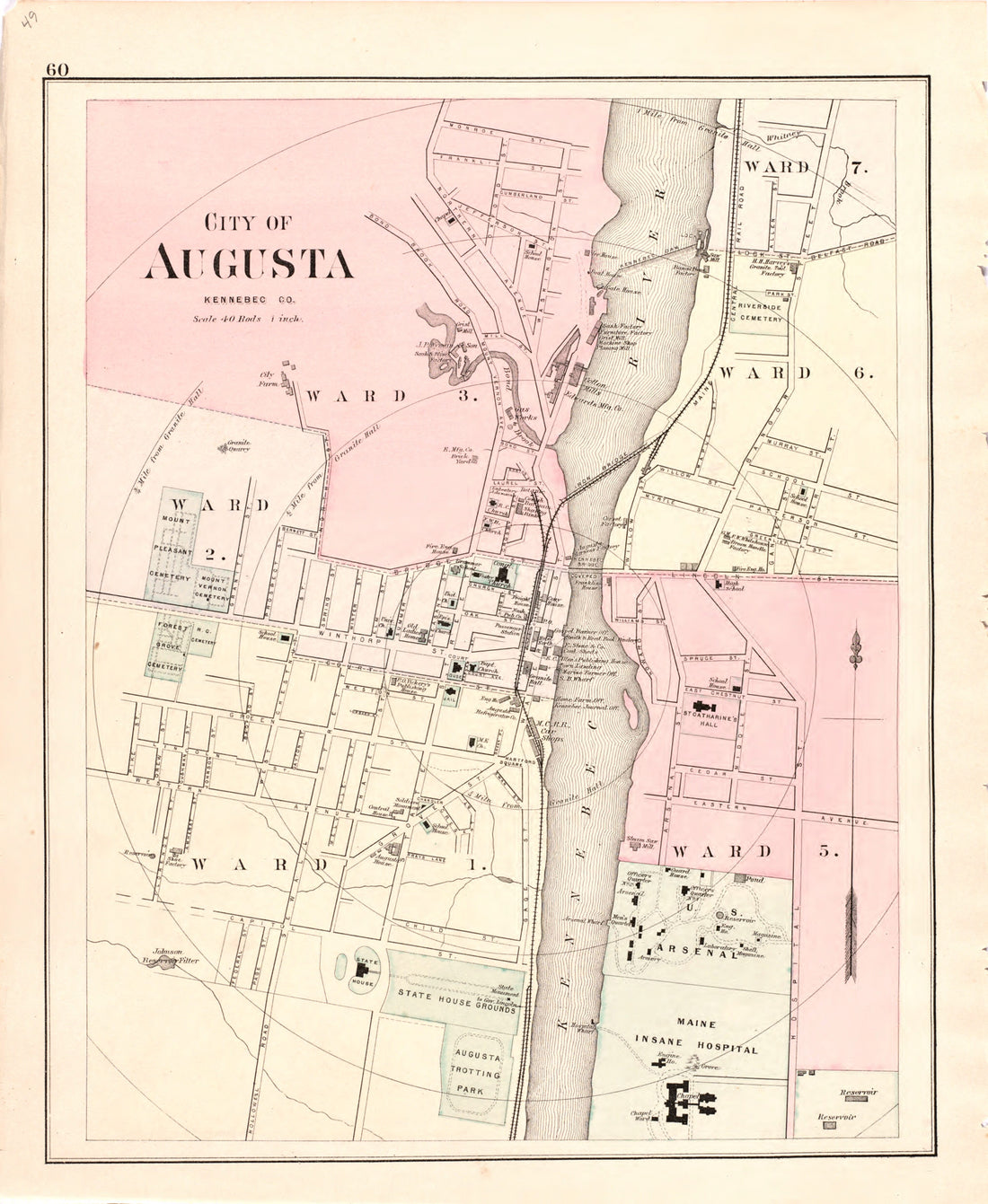 This hand drawn illustration (map) of City of Augusta from Colby&