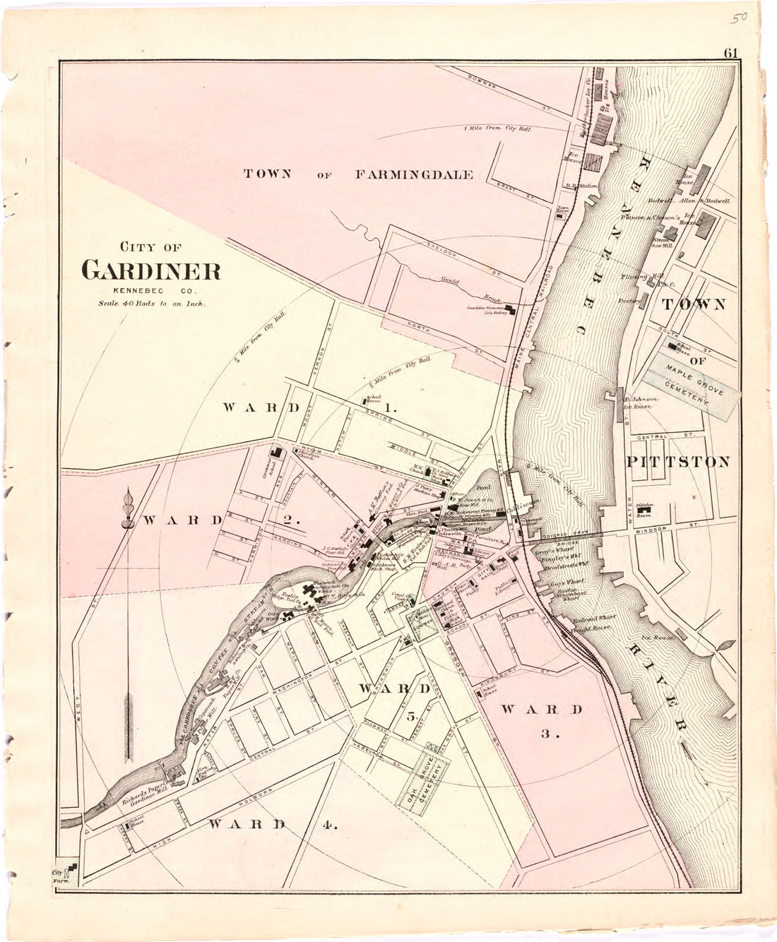This hand drawn illustration (map) of City of Gardiner from Colby&