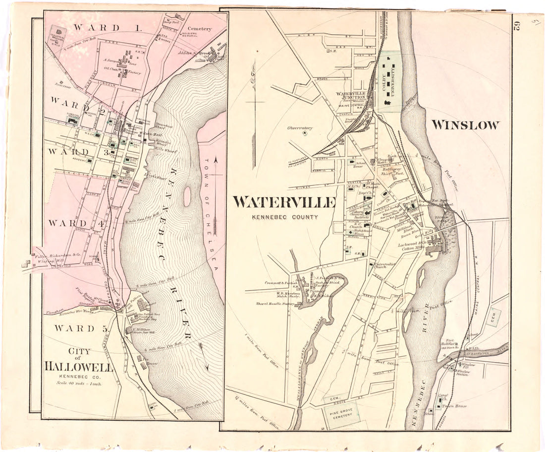 This hand drawn illustration (map) of City of Hallowell; Waterville from Colby&