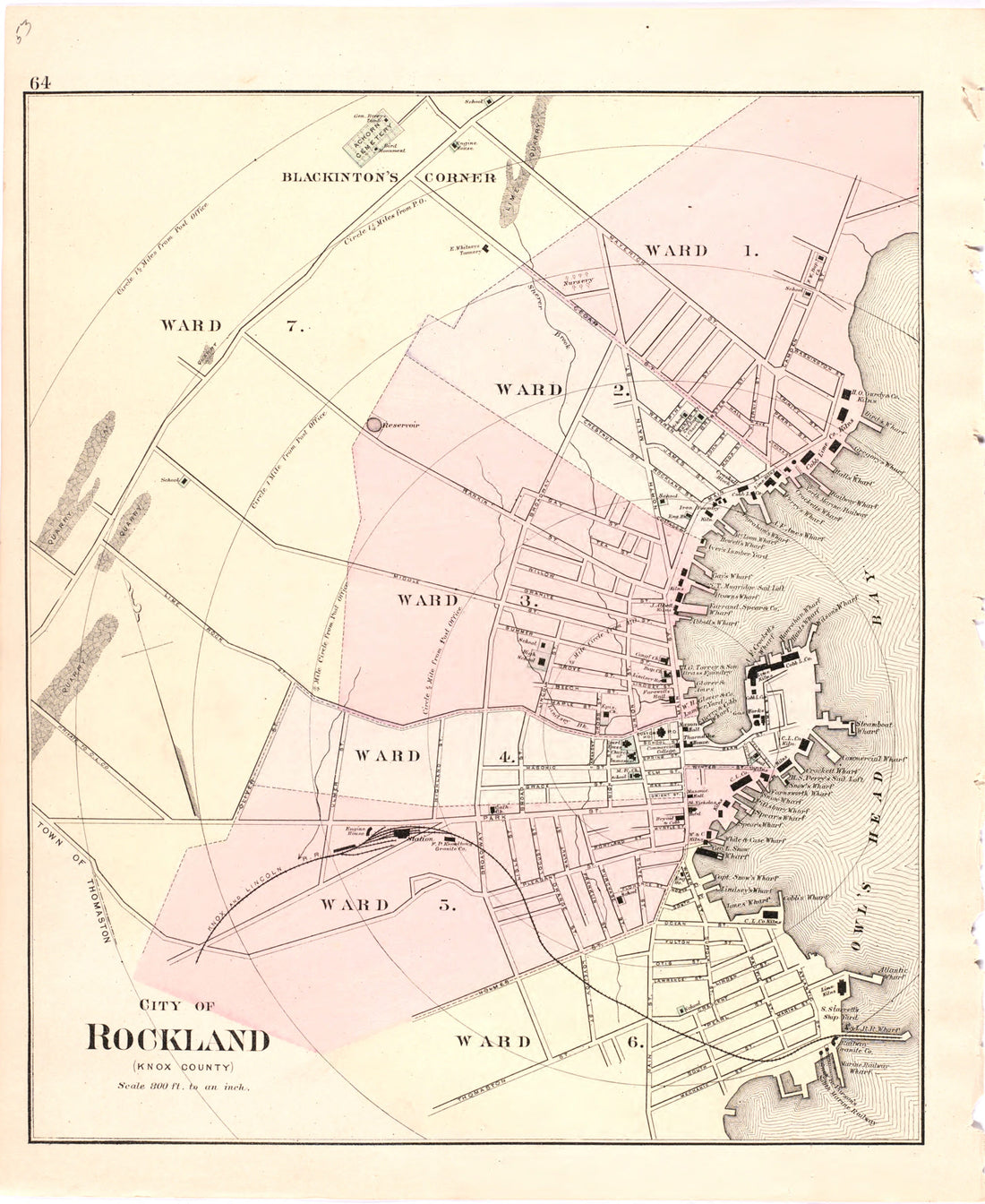 This hand drawn illustration (map) of City of Rockland from Colby&