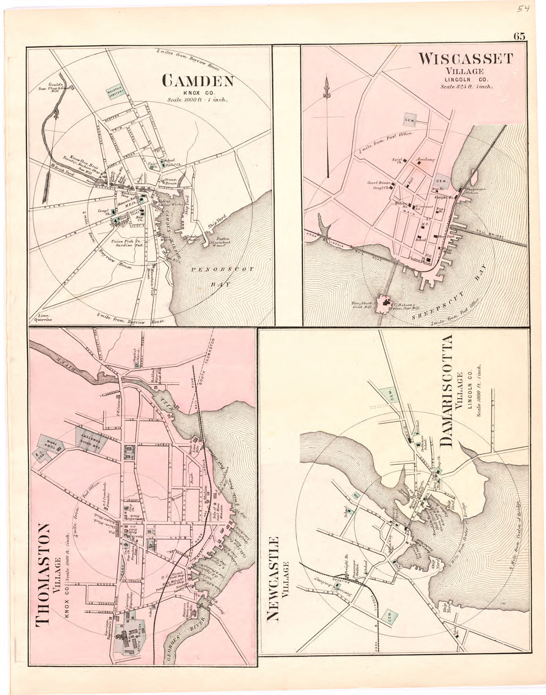 This hand drawn illustration (map) of Camden; Wiscasset; Thomaston Village; Newcastle Village; Damariscotta Village from Colby&