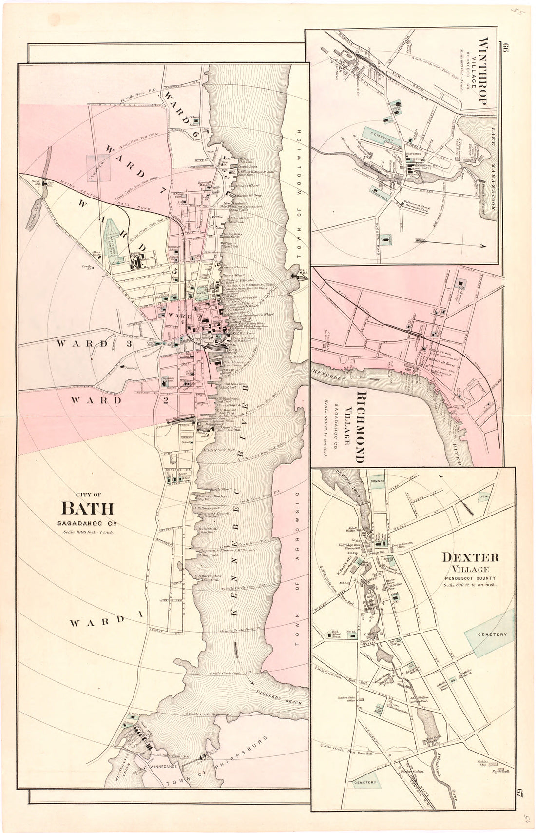 This hand drawn illustration (map) of City of Bath; Winthrop Village; Richmond Village; Dexter Village from Colby&