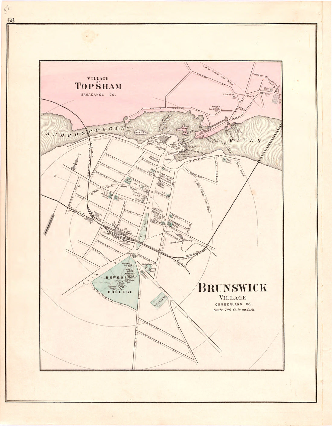 This hand drawn illustration (map) of Village of Topsham; Brunswick Village from Colby&