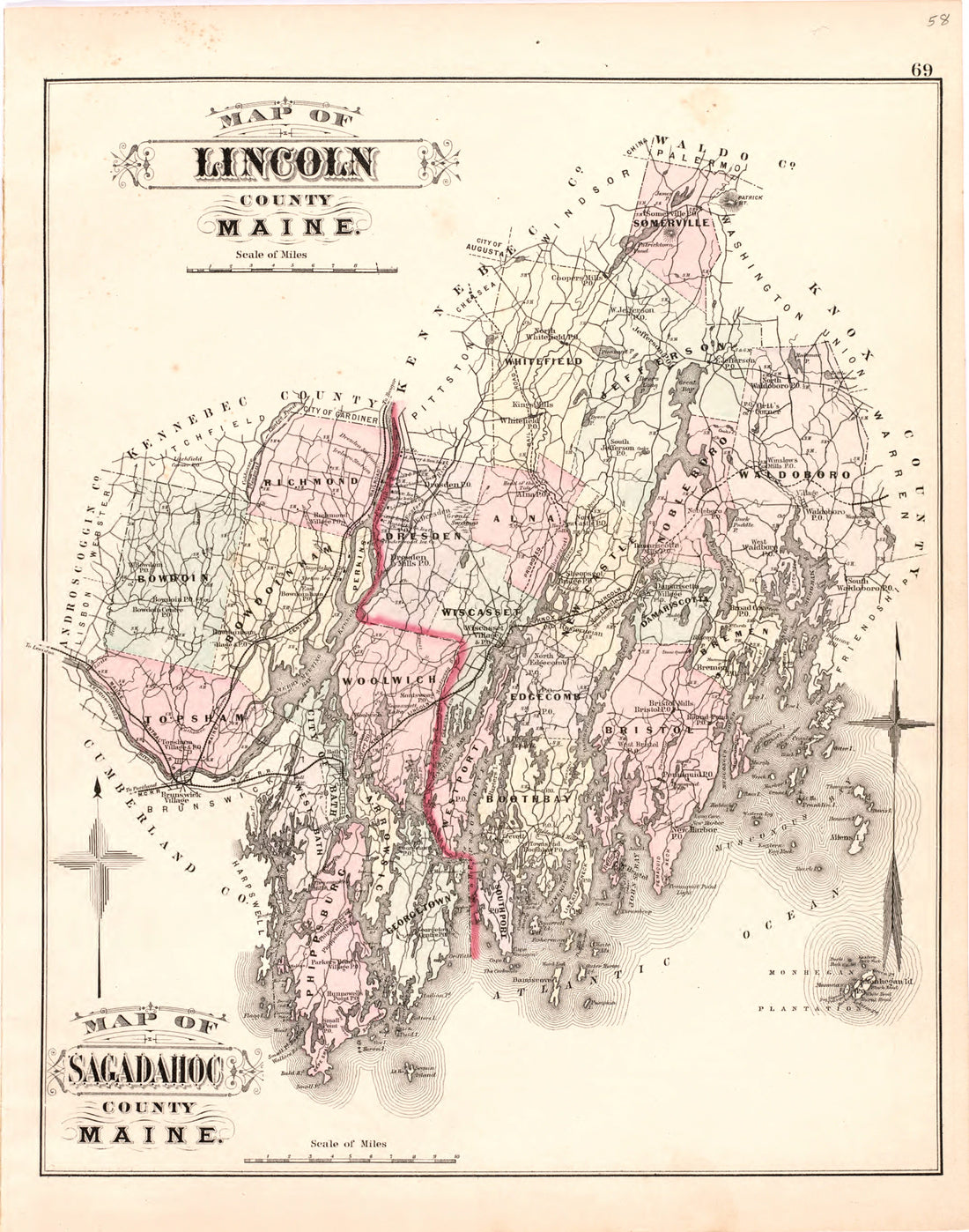 This hand drawn illustration (map) of Map of Lincoln County Maine; Map of Sagadahoc County Maine from Colby&