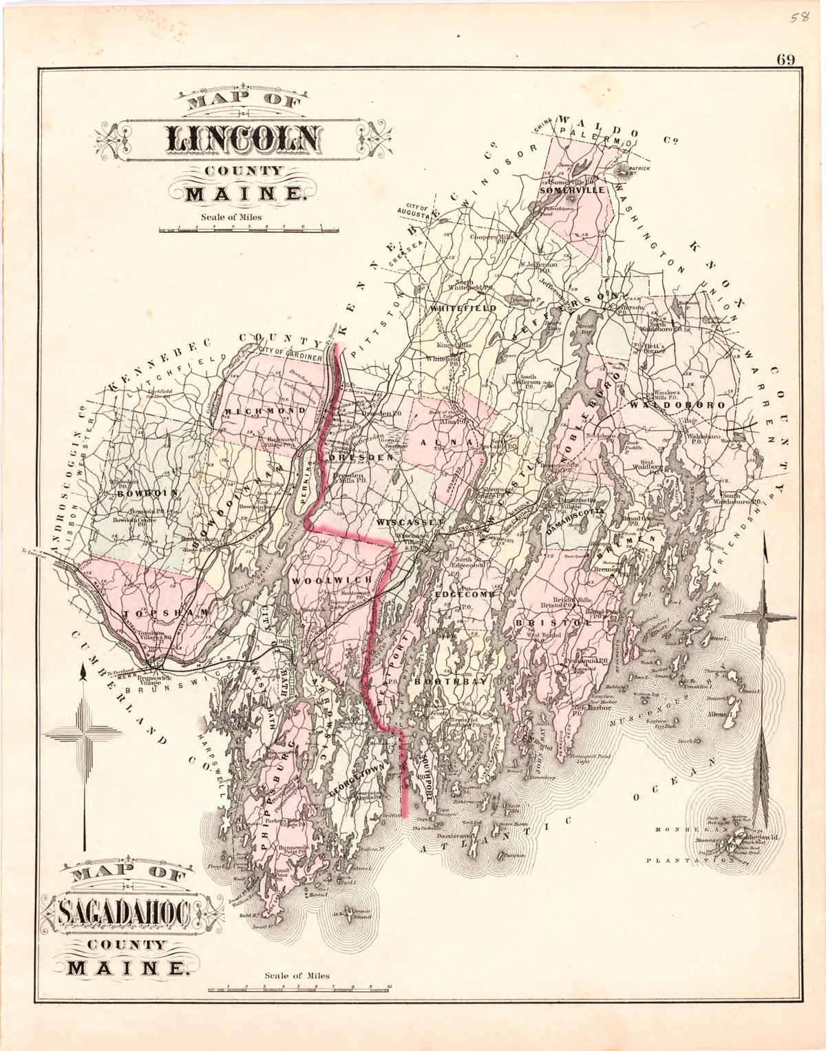 Map of Lincoln County Maine; Map of Sagadahoc County Maine from Colby&