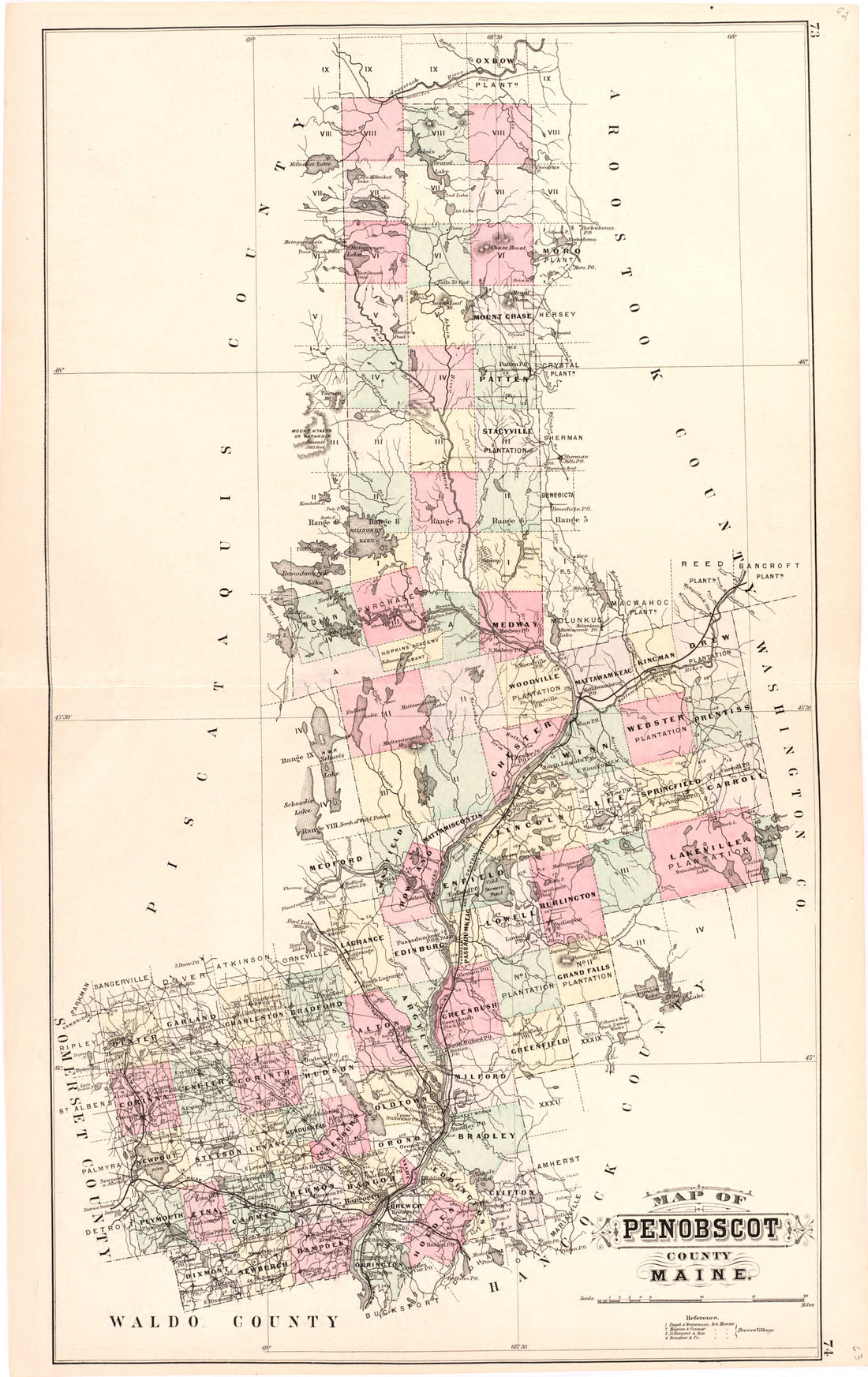 This hand drawn illustration (map) of Map of Penobscot County Maine from Colby&