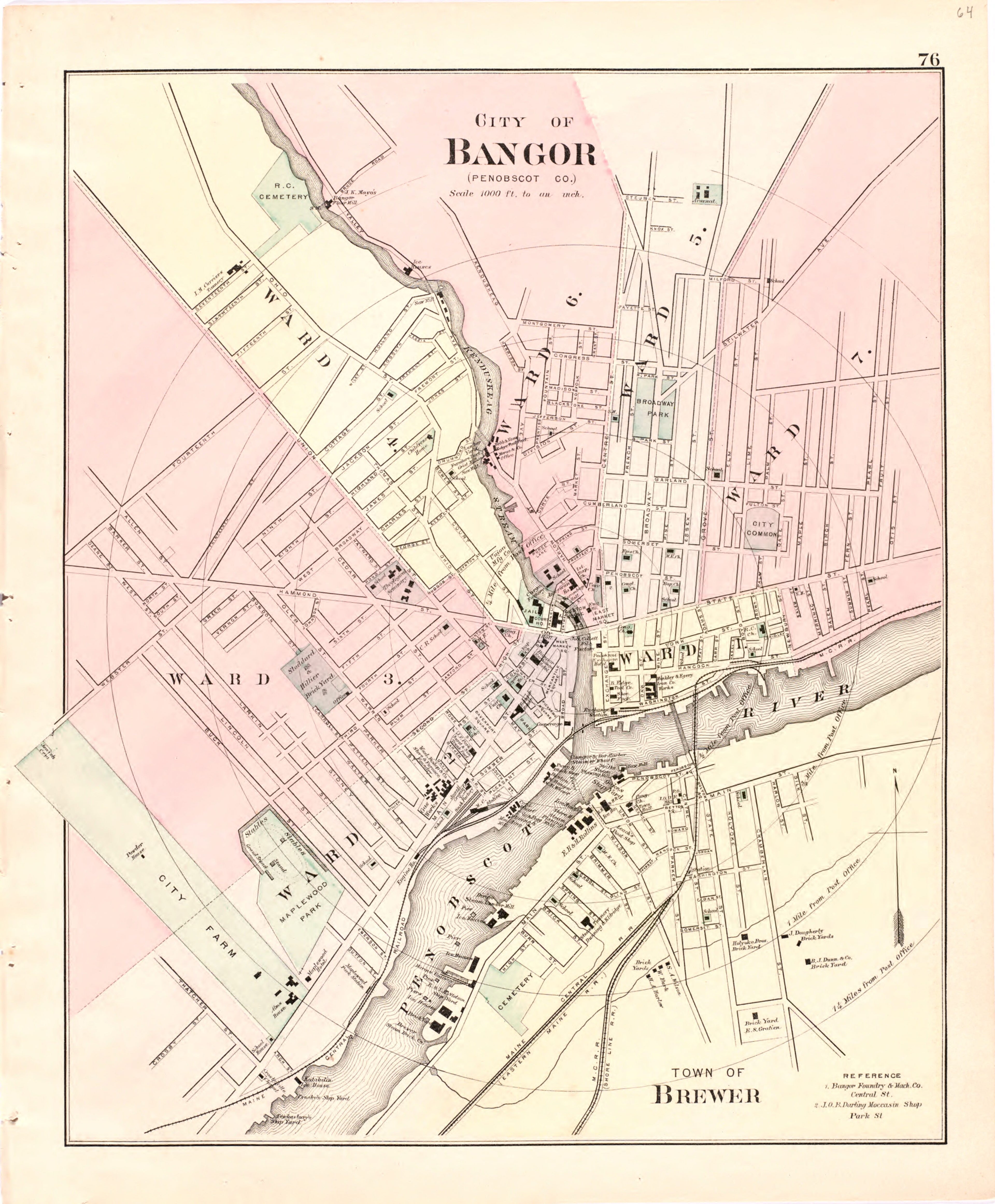 This hand drawn illustration (map) of City of Bangor from Colby&