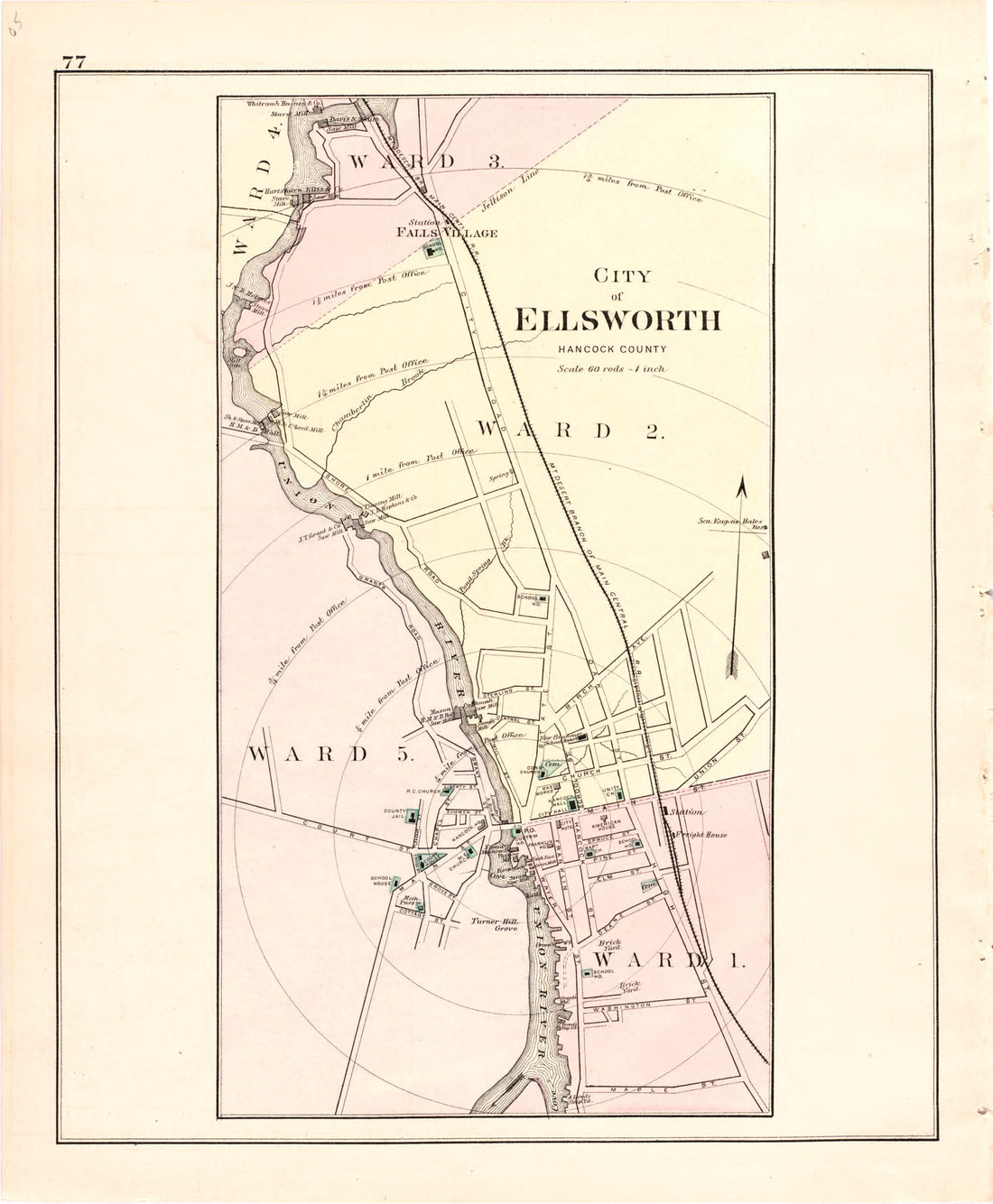 This hand drawn illustration (map) of City of Ellsworth from Colby&