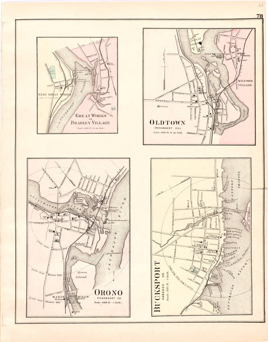 This hand drawn illustration (map) of Great Works Or Bradley Village; Oldtown; Orono; Bucksport from Colby&