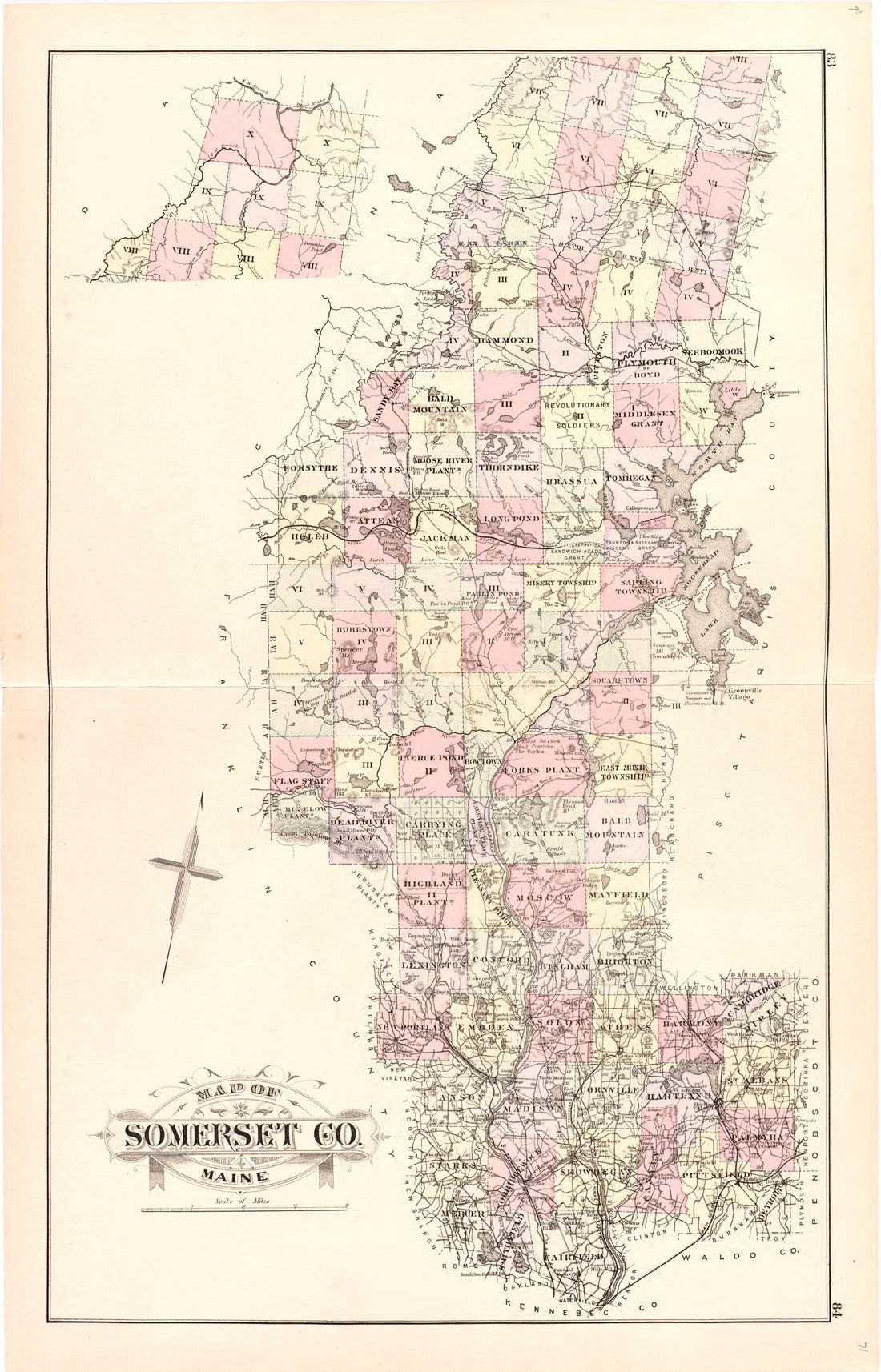 This hand drawn illustration (map) of Map of Somerset Co. Maine from Colby&