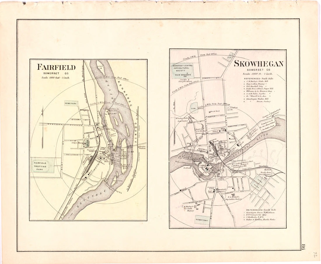 This hand drawn illustration (map) of Fairfield; Skowhegan from Colby&