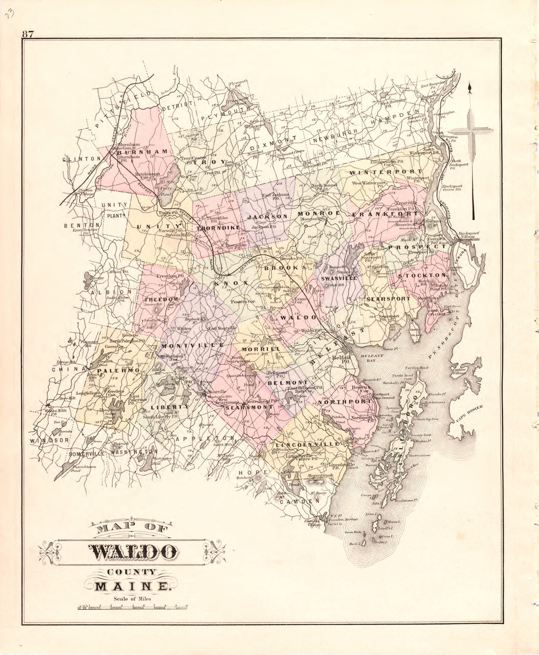 This hand drawn illustration (map) of Map of Waldo County Maine from Colby&