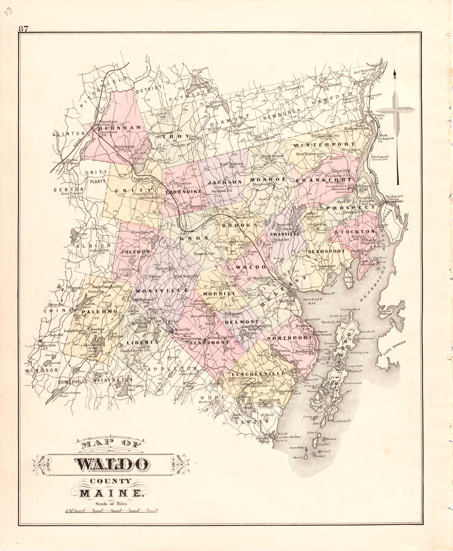 This hand drawn illustration (map) of Map of Waldo County Maine from Colby&