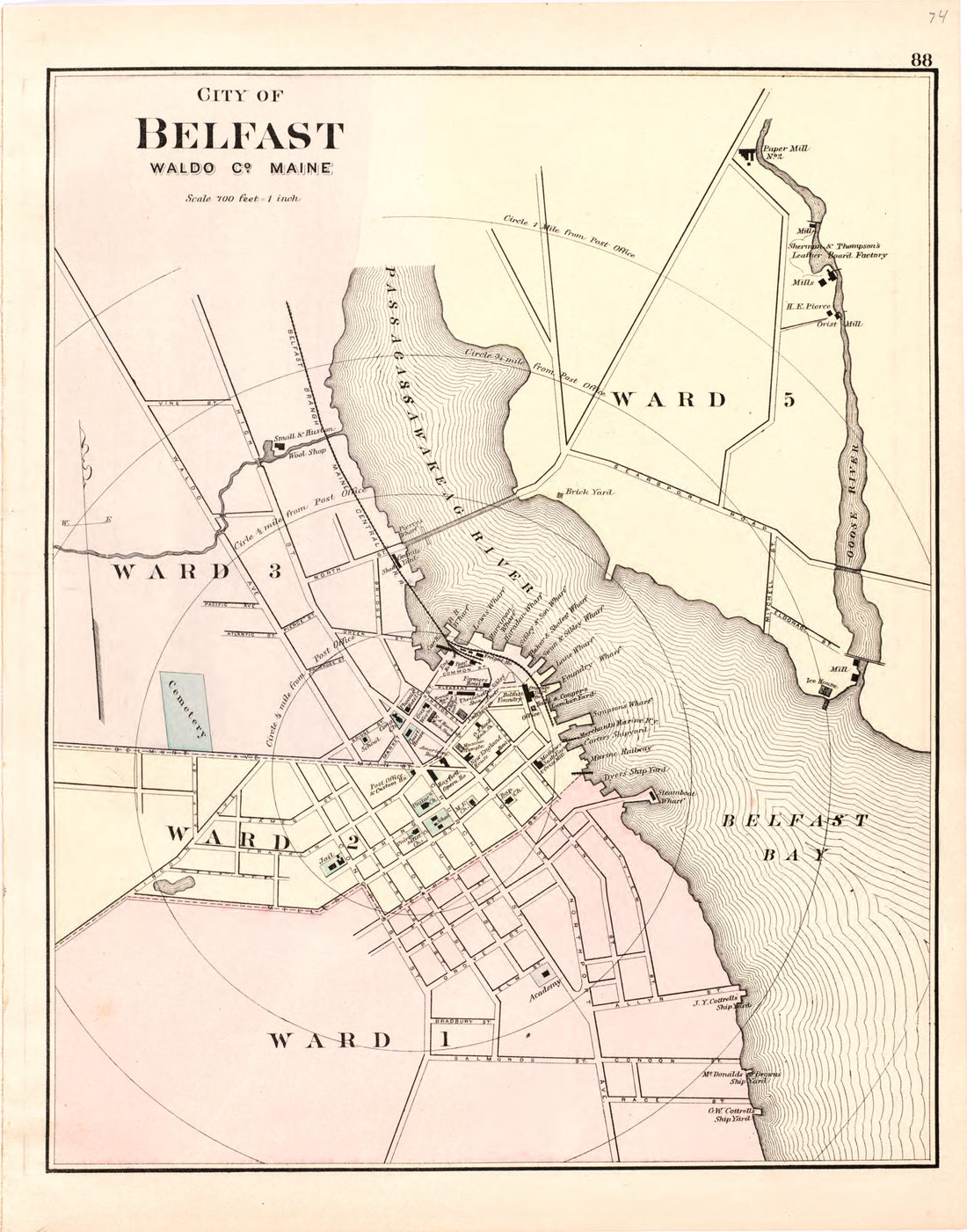 This hand drawn illustration (map) of City of Belfast Waldo Co. Maine from Colby&