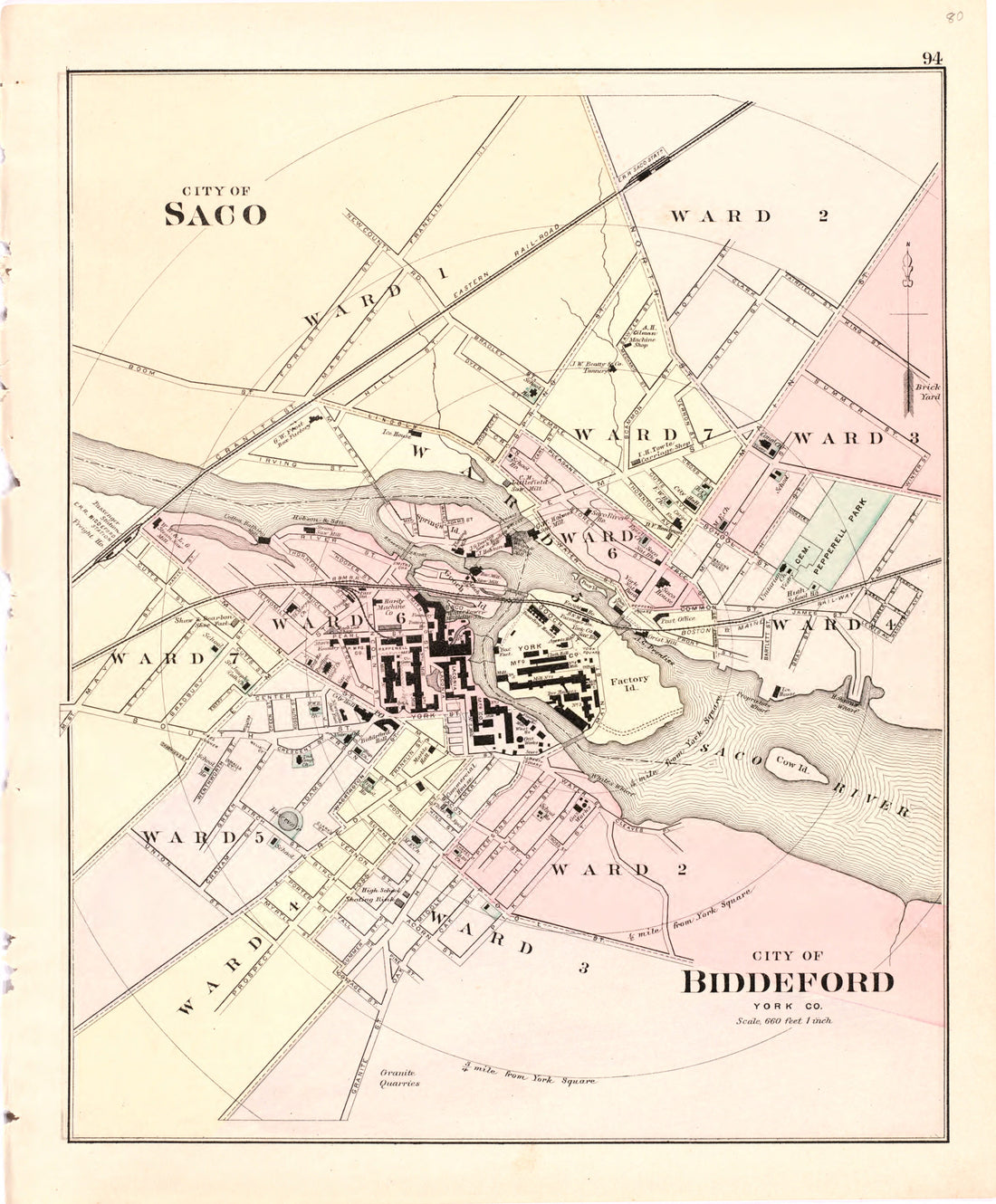 This hand drawn illustration (map) of City of Saco; City of Biddeford from Colby&
