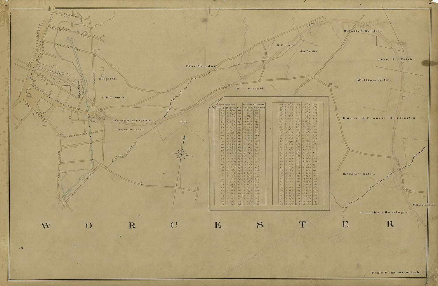 This old map of Worcester from Location of the Boston and Worcester Railroad 1835 from 1858 was created by Edward Southwick Philbrick in 1858