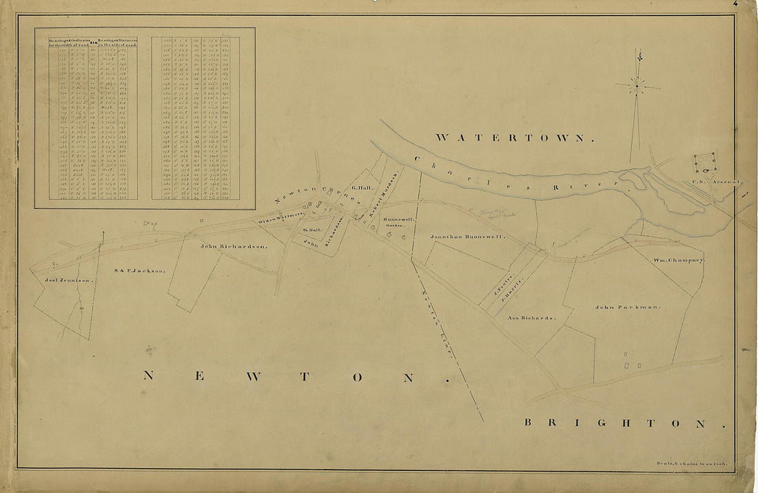 This old map of Watertown, Newton, Brighton from Location of the Boston and Worcester Railroad 1835 from 1858 was created by Edward Southwick Philbrick in 1858