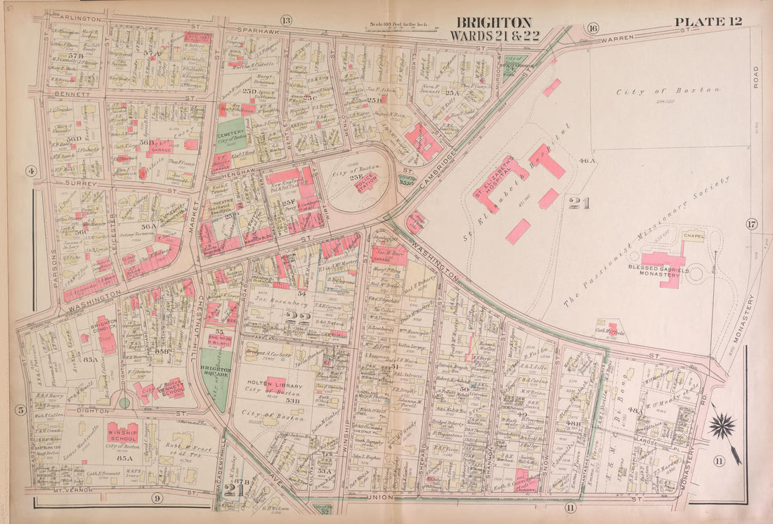 This old map of Part of Brighton, Wards 21 and 22  - Plate 12 from Atlas of the City of Boston, Brighton from 1925 was created by  G.W. Bromley &amp; Co in 1925